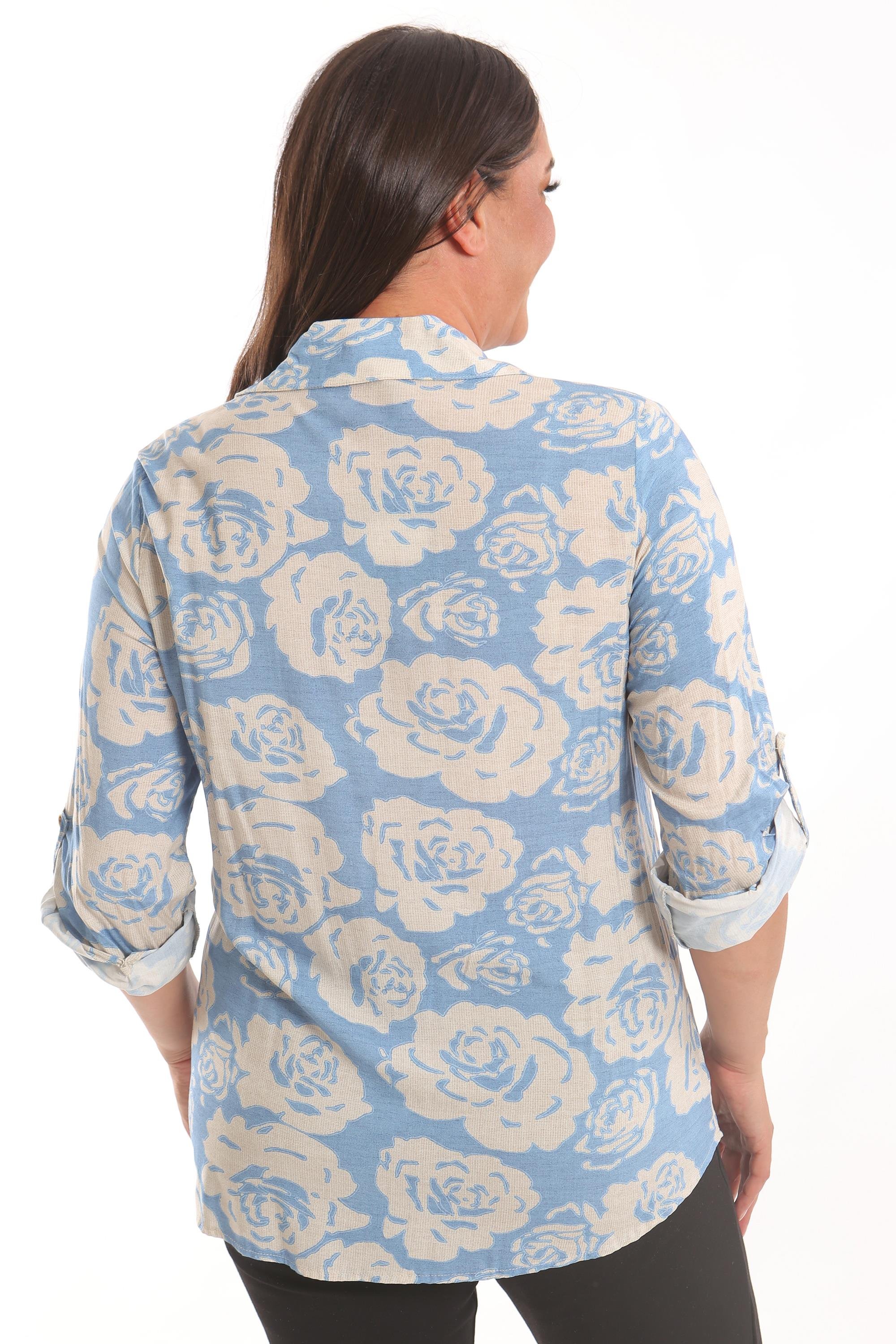 Trend42plus Büyük Beden Mavi Gül Desenli Viskon Gömlek 