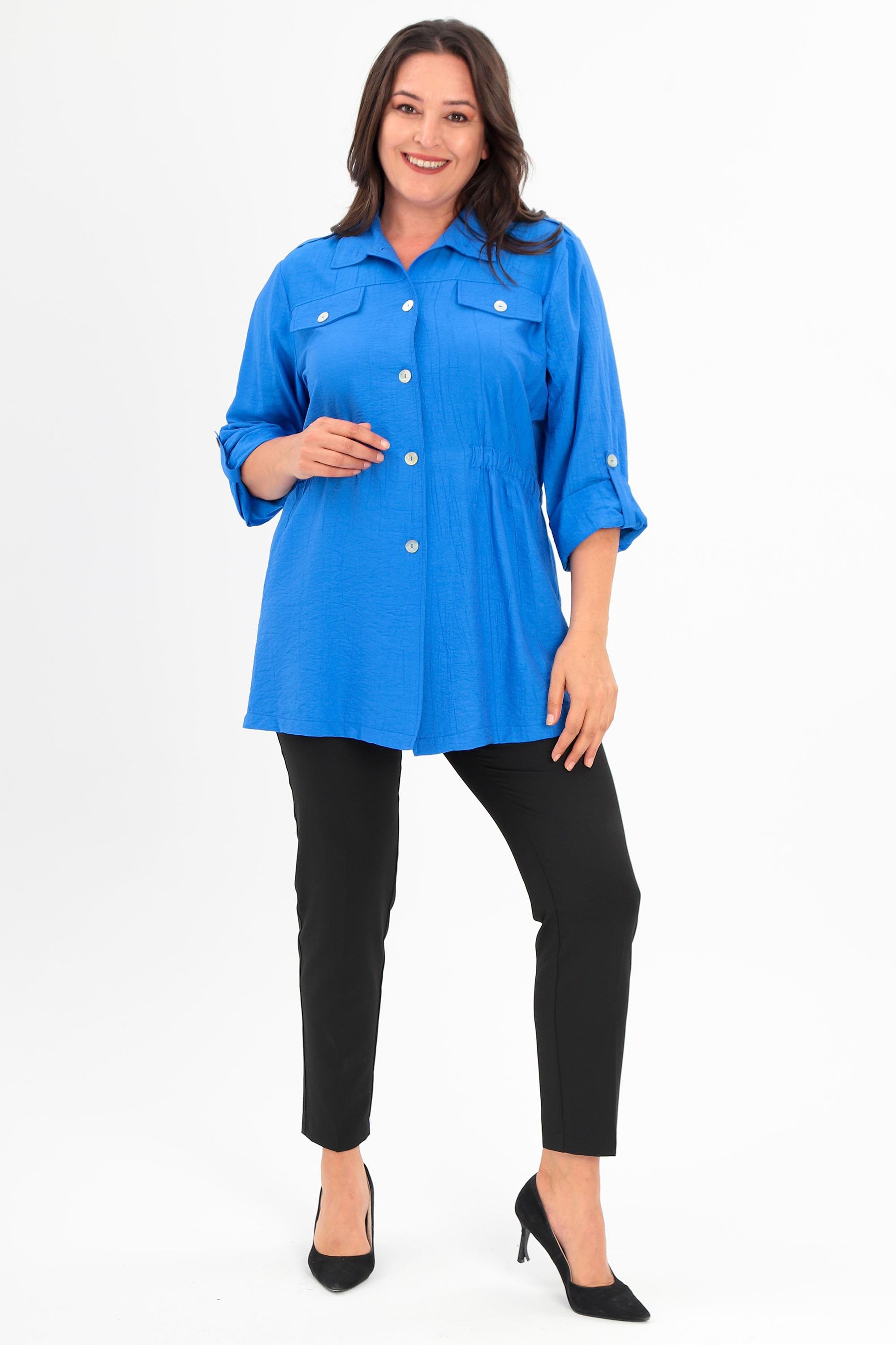 Trend42plus Büyük Beden Omuz Apoletli Cep Kapaklı Saks Trençkot