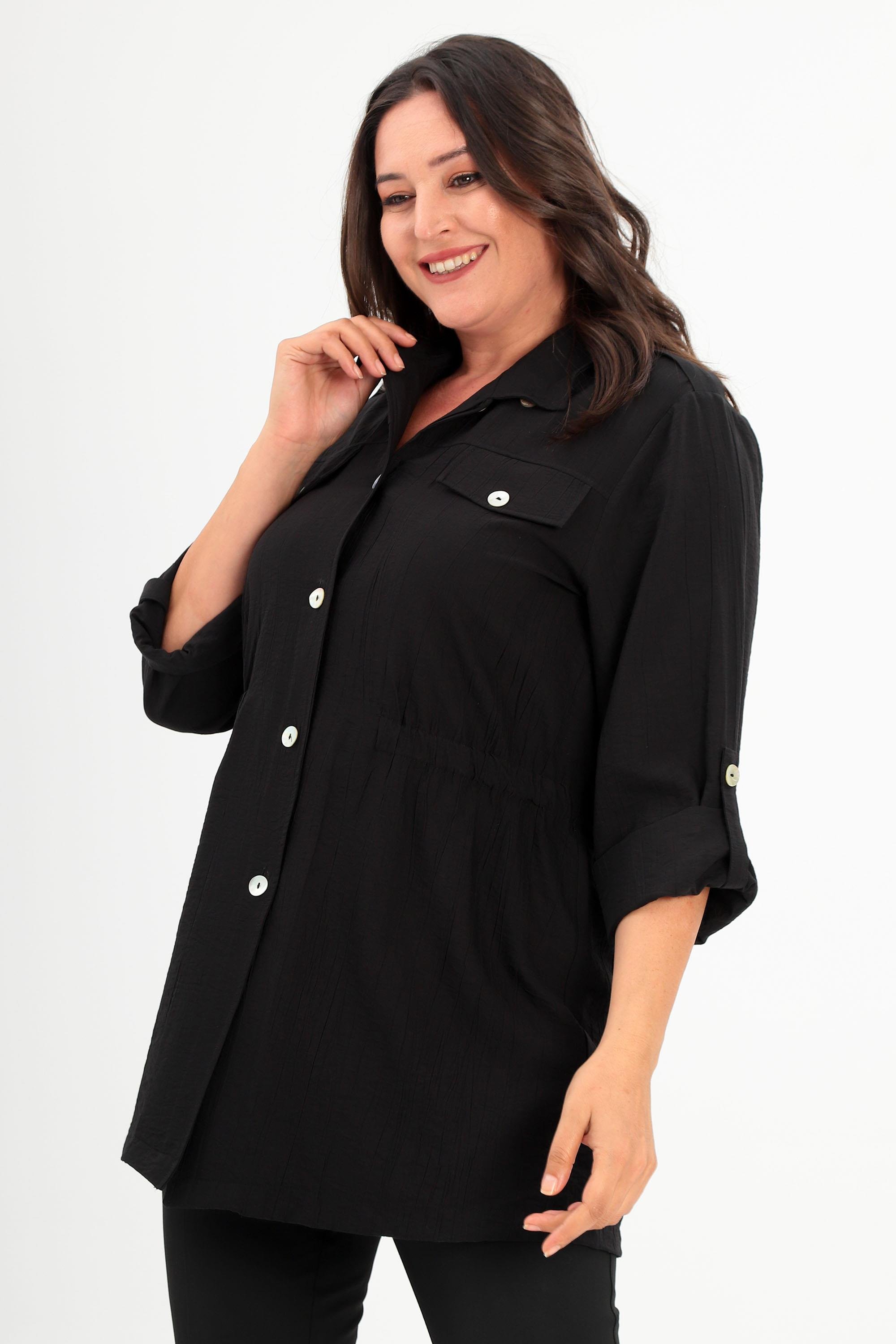 Trend42plus Büyük Beden Omuz Apoletli Cep Kapaklı Siyah Trençkot