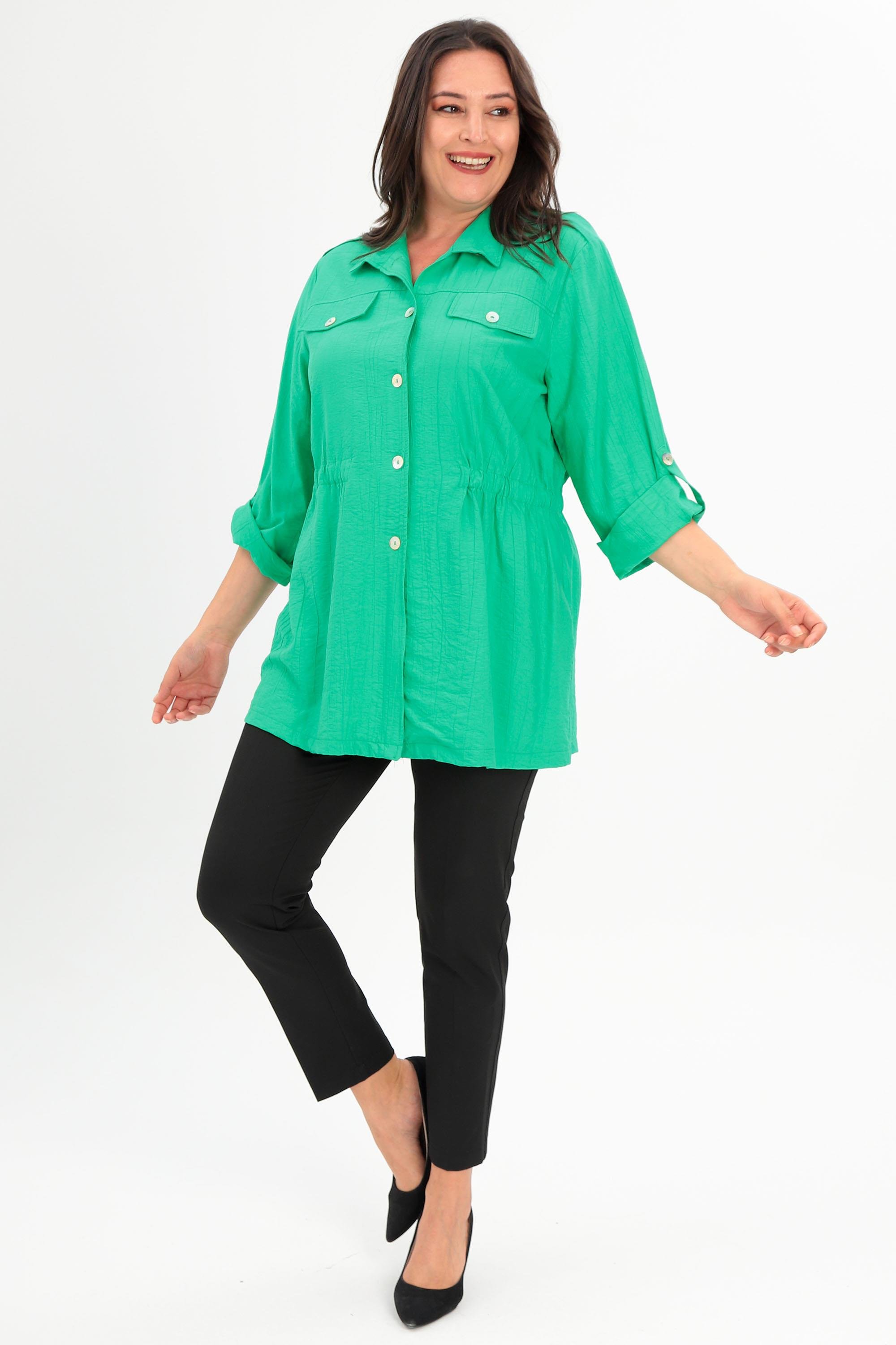 Trend42plus Büyük Beden Omuz Apoletli Cep Kapaklı Yeşil Trençkot