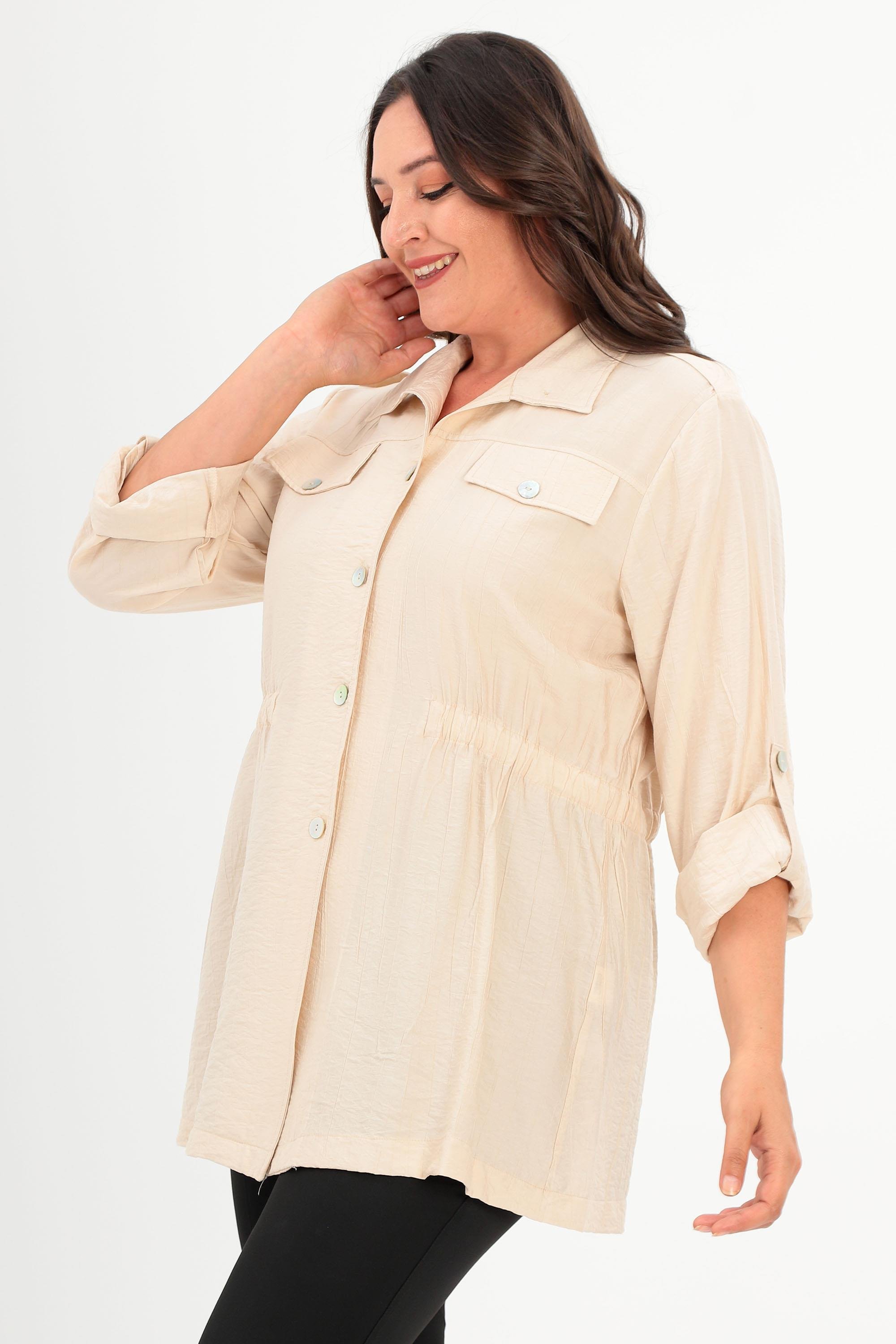 Trend42plus Büyük Beden Omuz Apoletli Cep Kapaklı Bej Trençkot