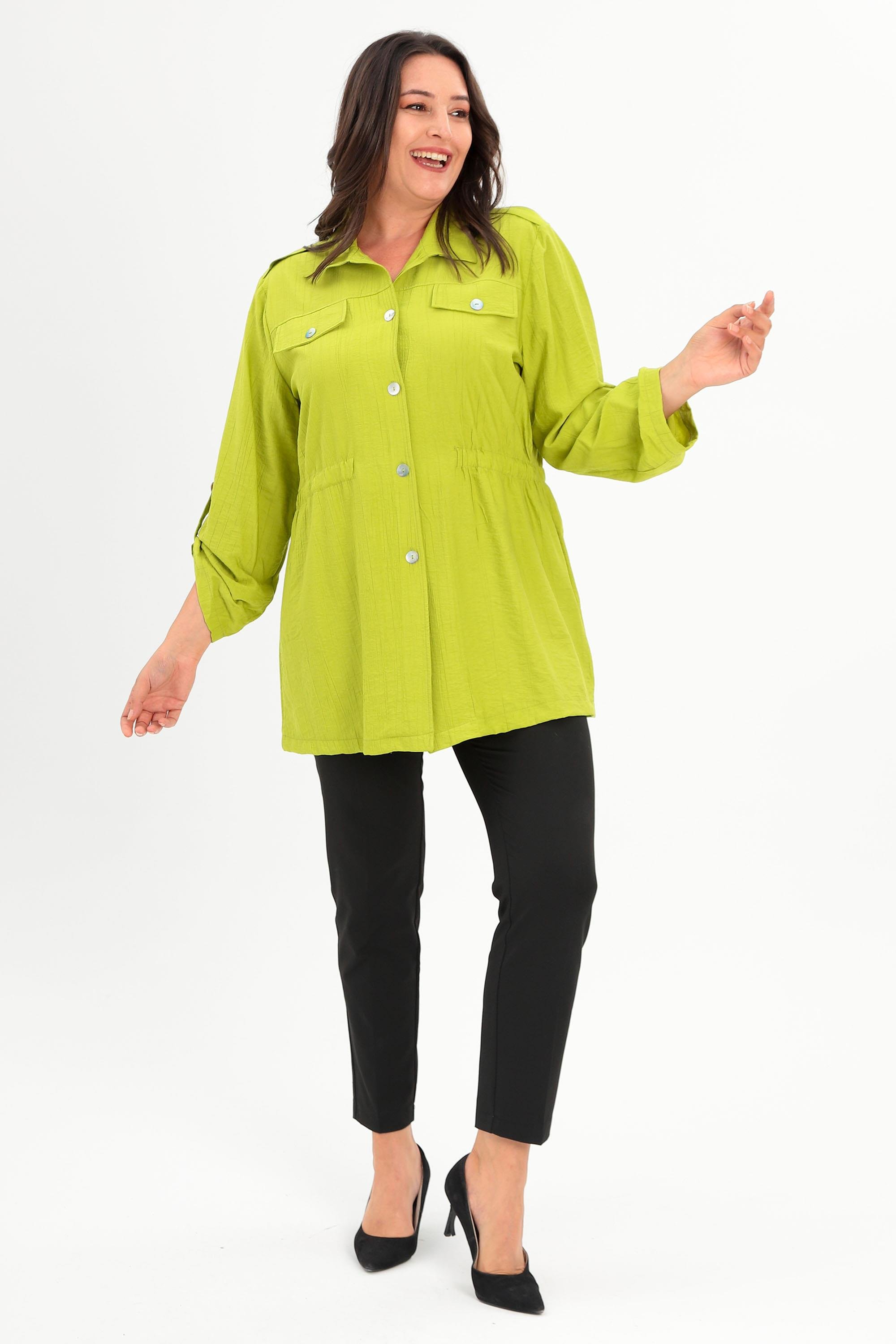 Trend42plus Büyük Beden Omuz Apoletli Cep Kapaklı Yağ Yeşili Trençkot