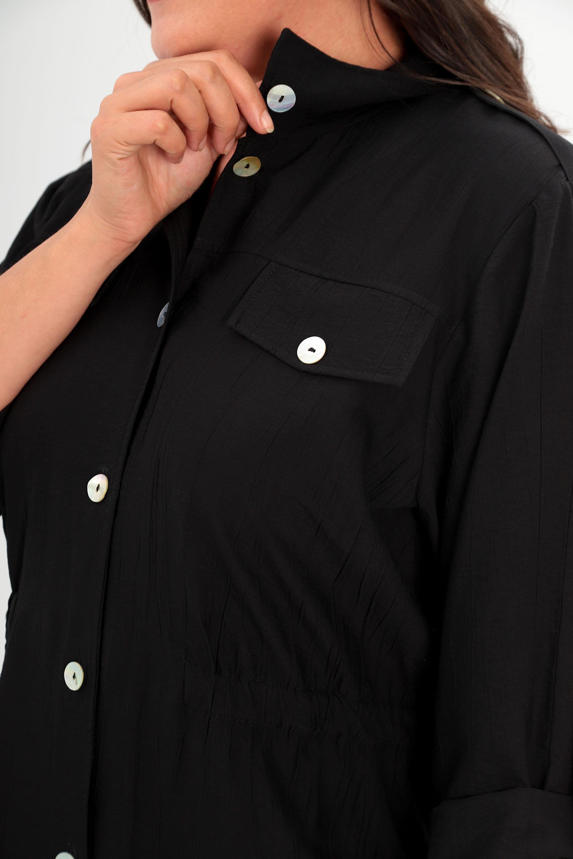 Trend42plus Büyük Beden Omuz Apoletli Cep Kapaklı Siyah Trençkot