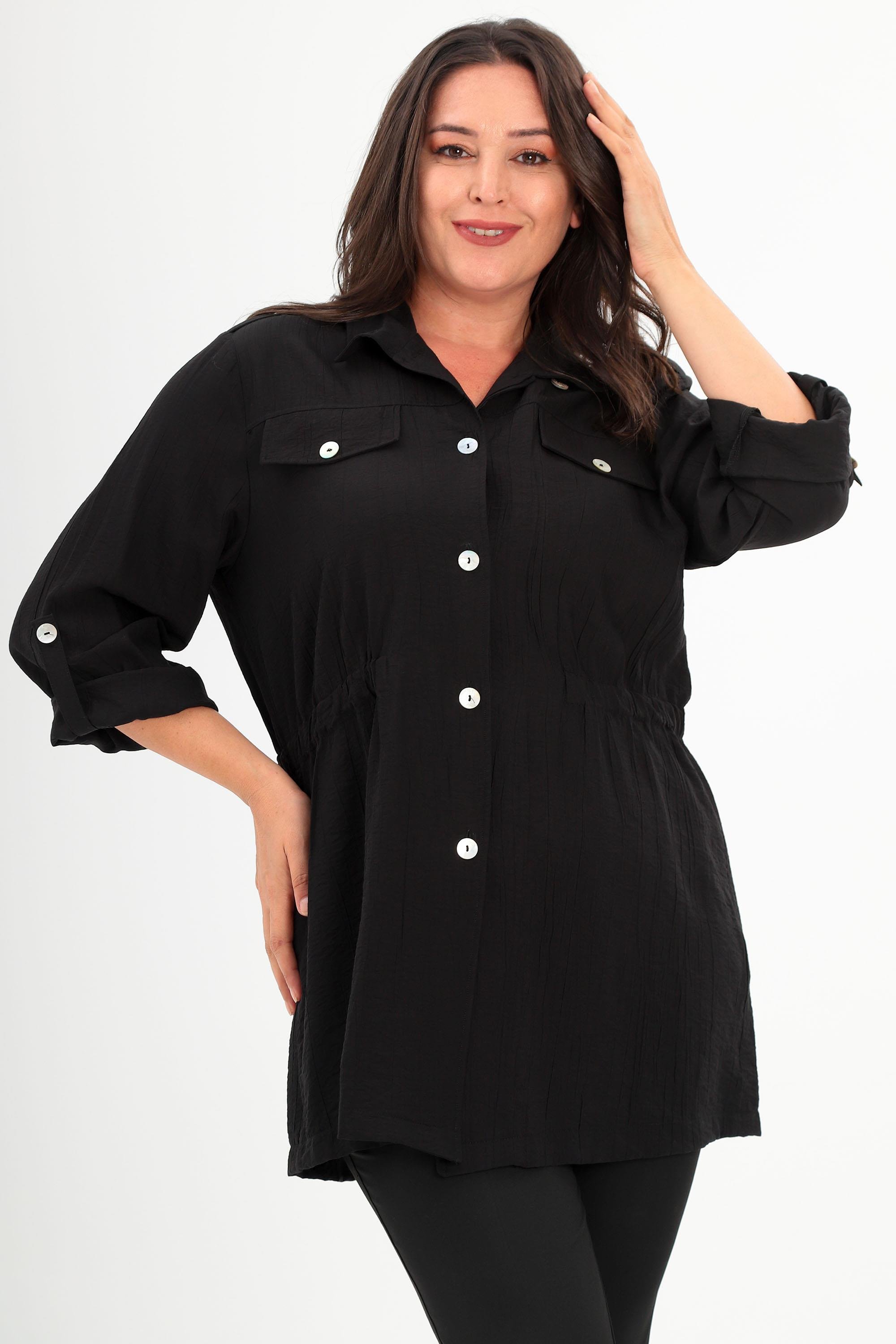 Trend42plus Büyük Beden Omuz Apoletli Cep Kapaklı Siyah Trençkot