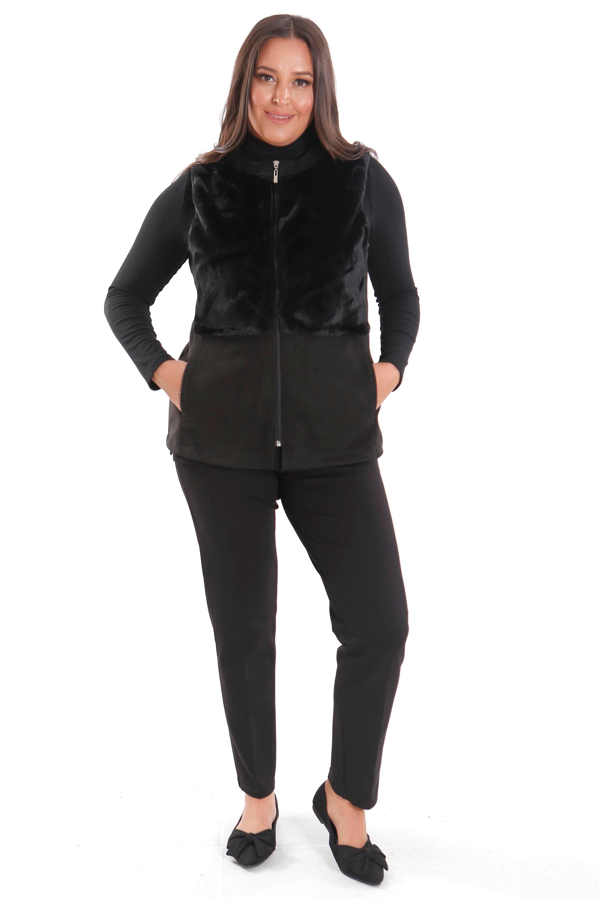 Trend42plus Büyük Beden Ön Kürk Detaylı Fermuarlı Siyah Yelek 