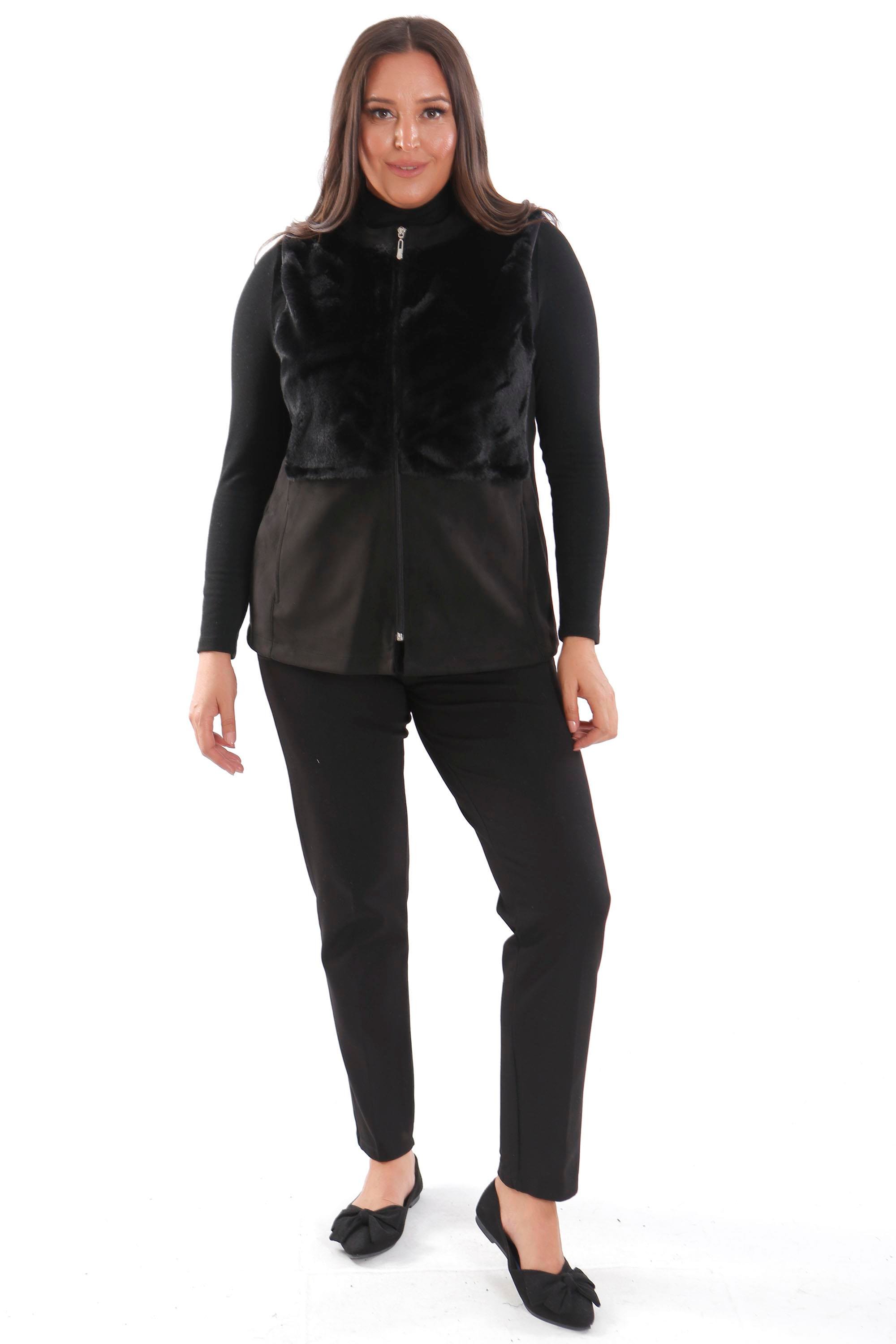 Trend42plus Büyük Beden Ön Kürk Detaylı Fermuarlı Siyah Yelek 
