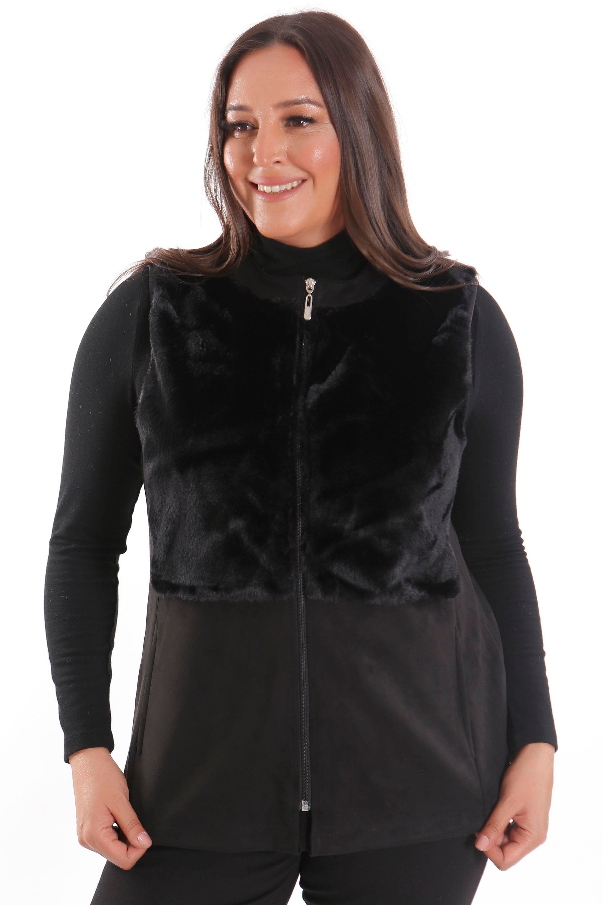 Trend42plus Büyük Beden Ön Kürk Detaylı Fermuarlı Siyah Yelek 