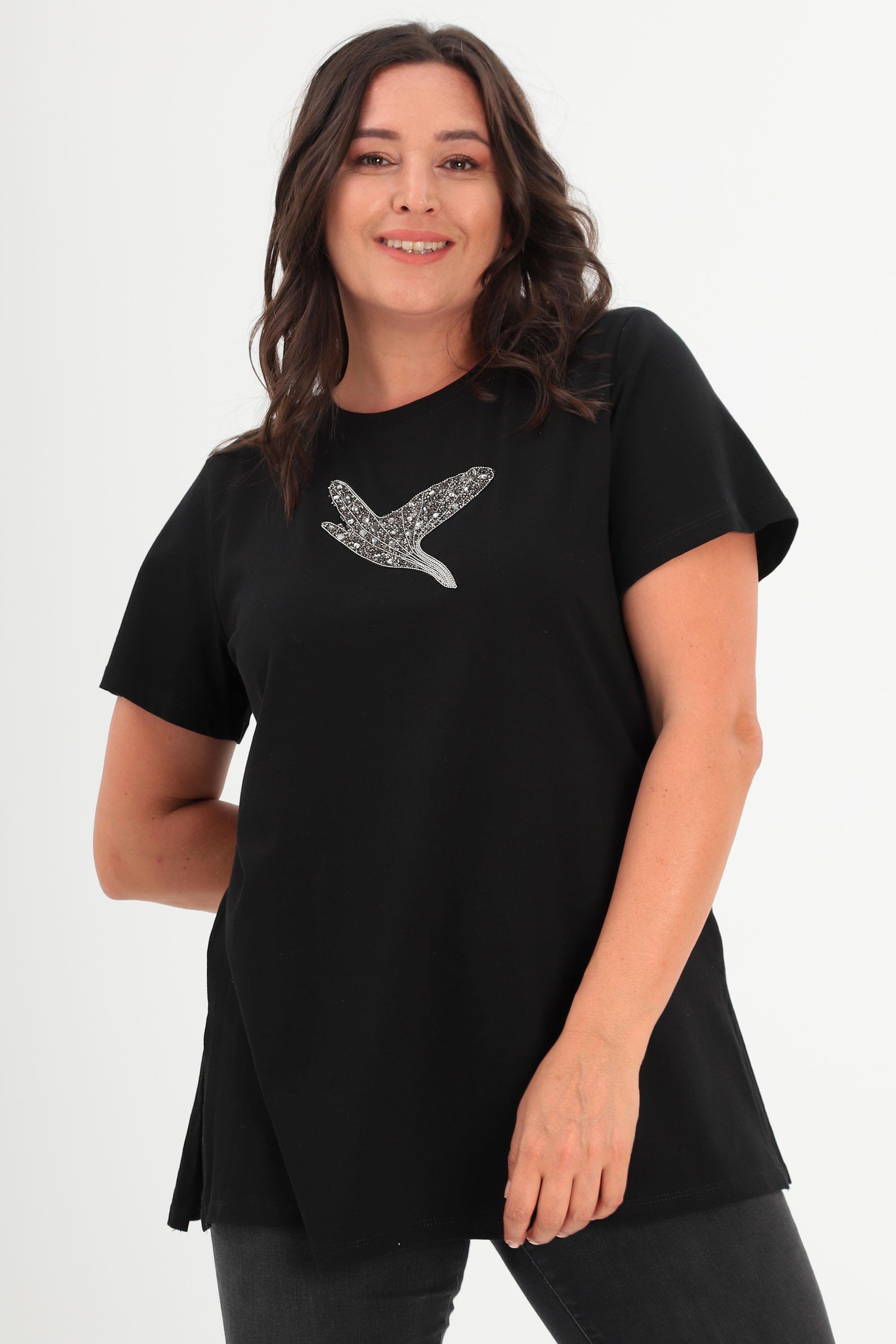 Trend42plus Büyük Beden Ön Kuş Taş Baskılı Siyah Tİşört