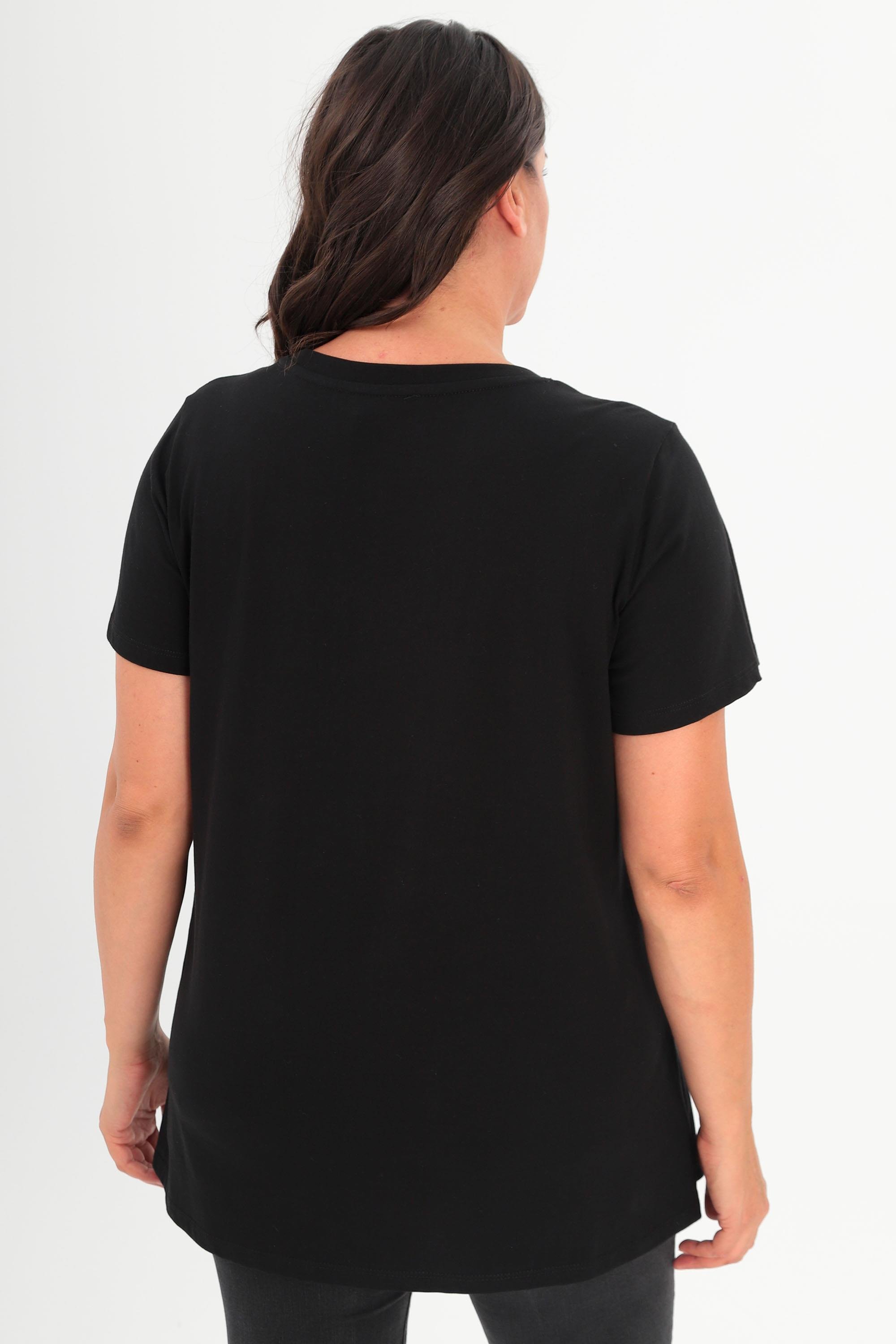 Trend42plus Büyük Beden Ön Kuş Taş Baskılı Siyah Tİşört