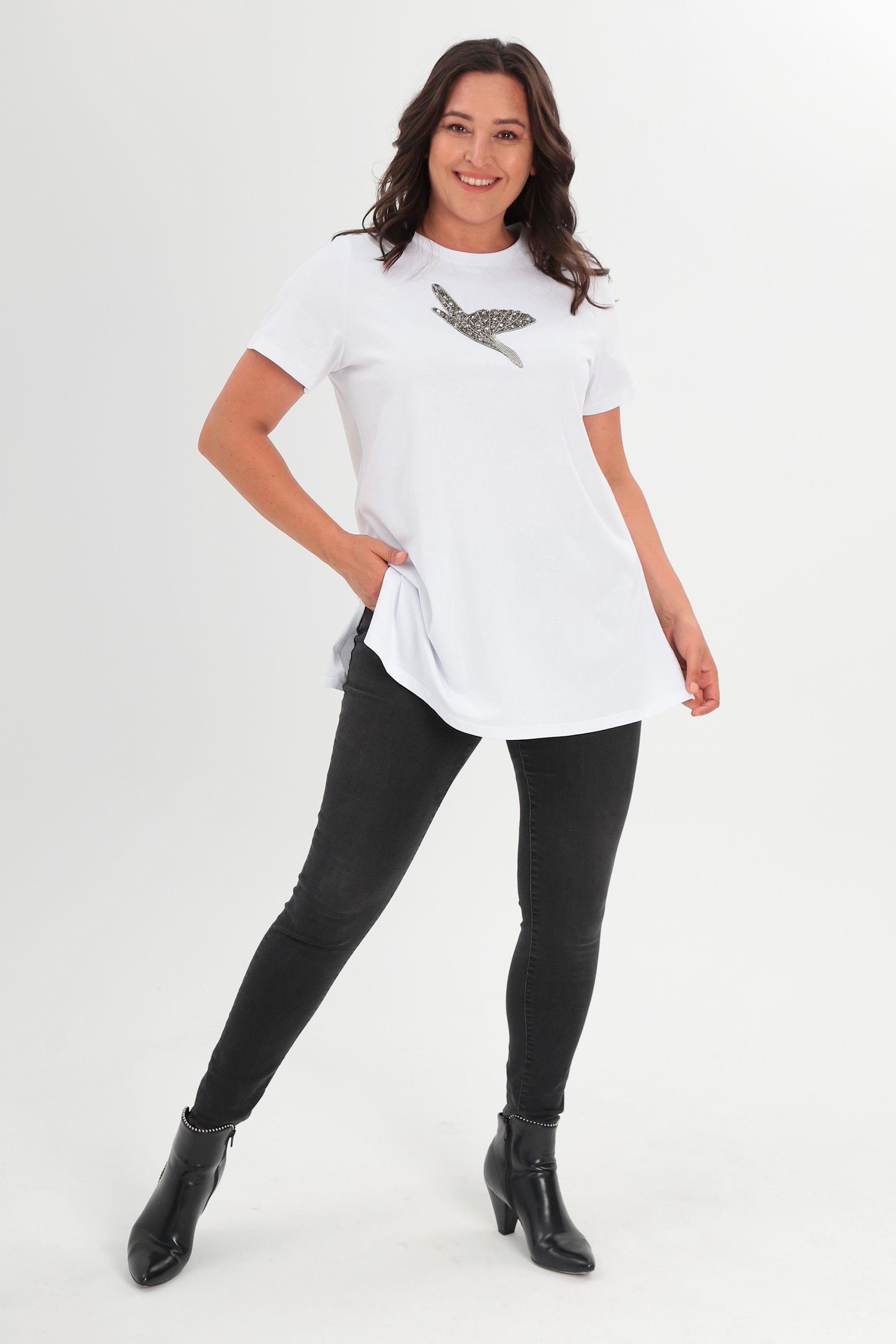 Trend42plus Büyük Beden Ön Kuş Taş Baskılı Beyaz Tİşört
