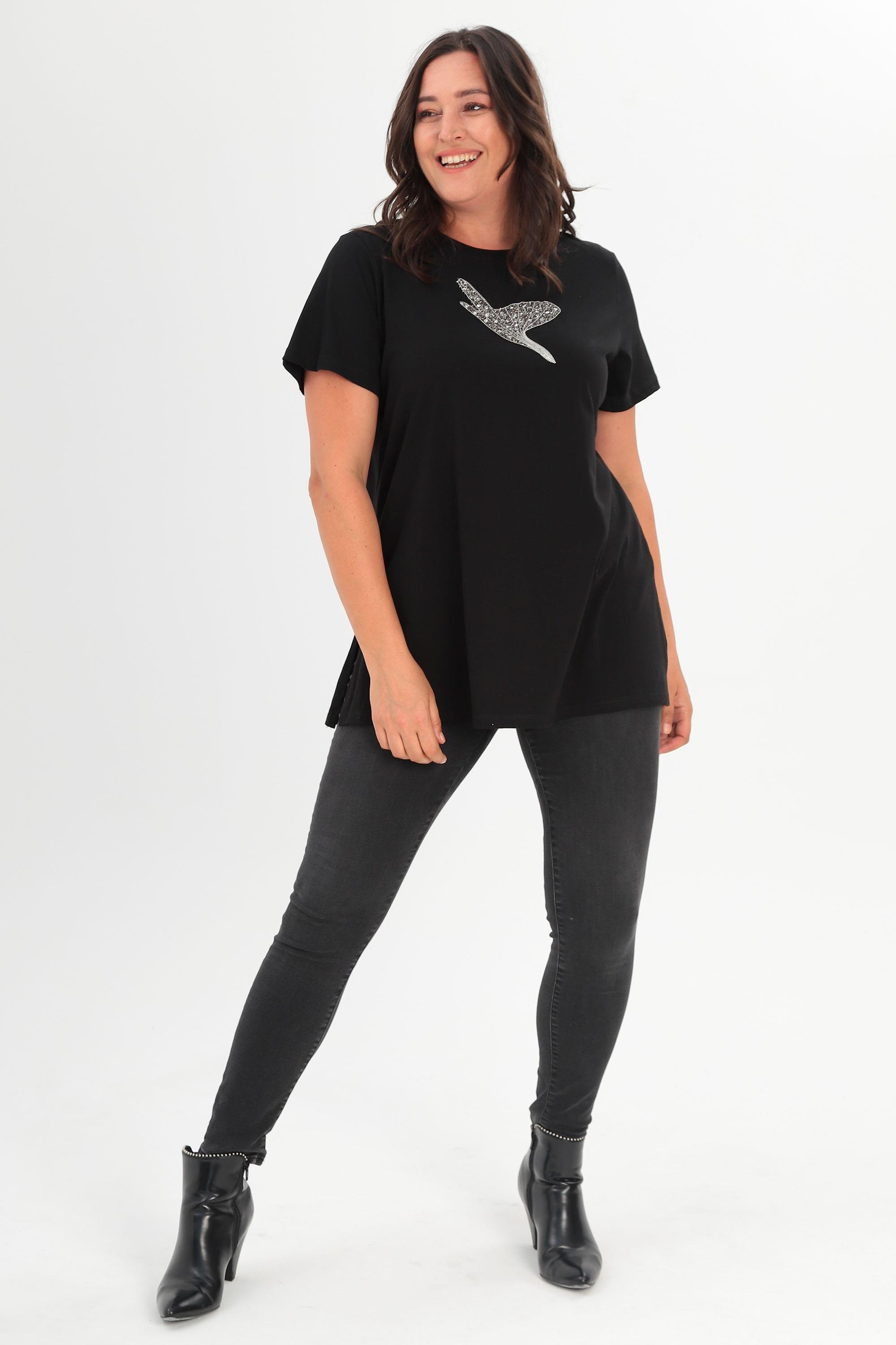 Trend42plus Büyük Beden Ön Kuş Taş Baskılı Siyah Tİşört