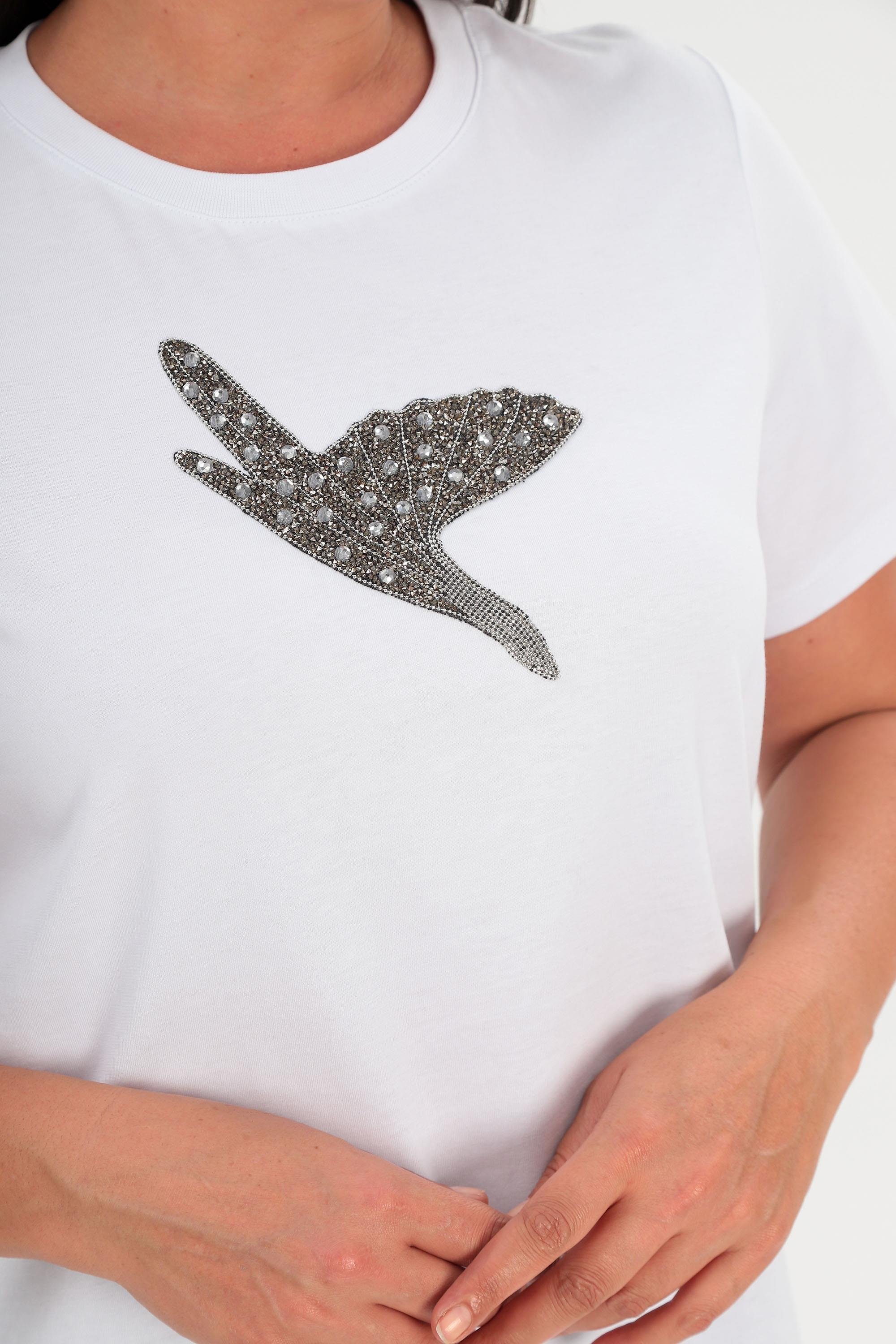 Trend42plus Büyük Beden Ön Kuş Taş Baskılı Beyaz Tİşört