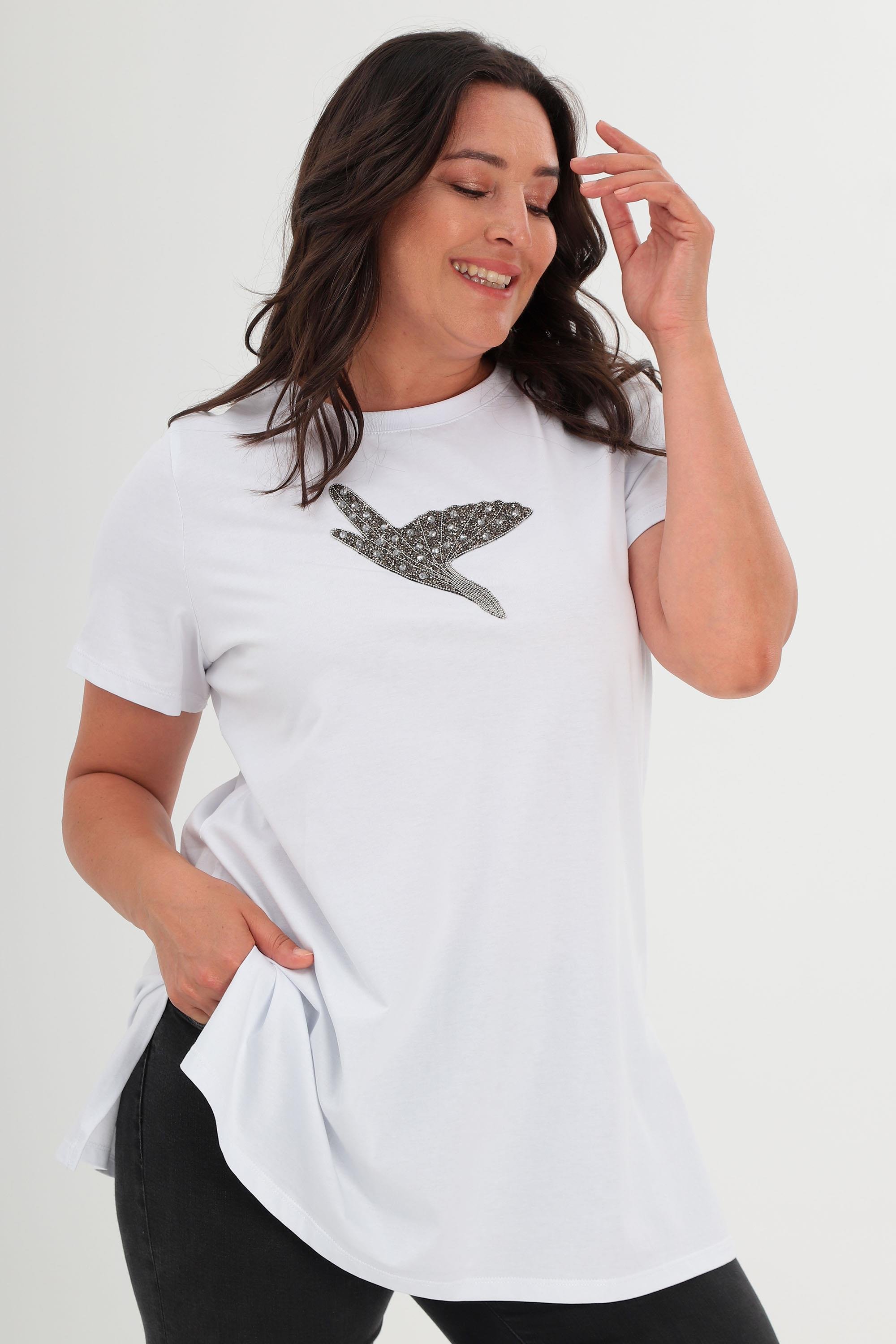 Trend42plus Büyük Beden Ön Kuş Taş Baskılı Beyaz Tİşört