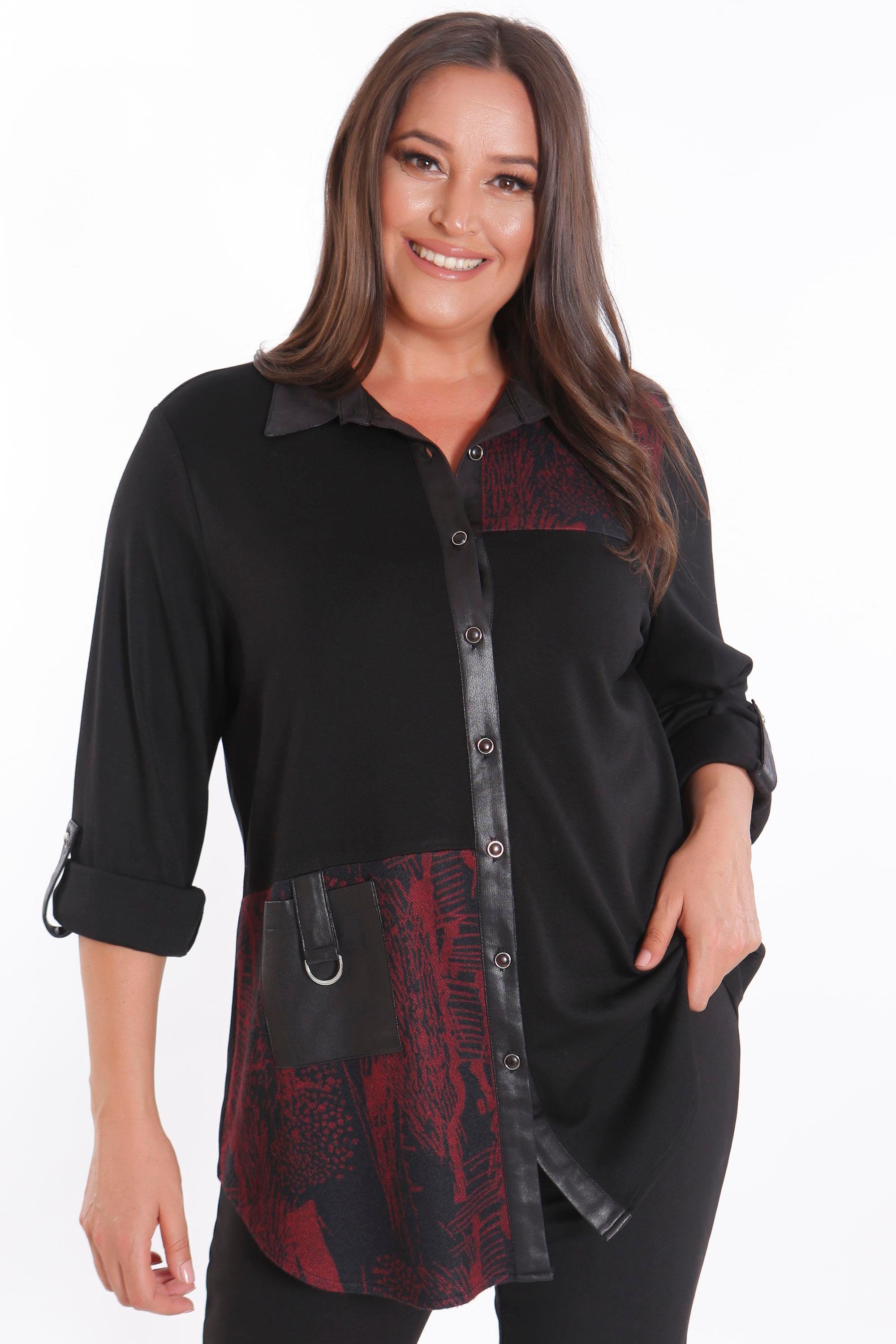 Trend42plus Büyük Beden Ön Parça ve Deri Cep Detaylı Örme Bordo Gömlek