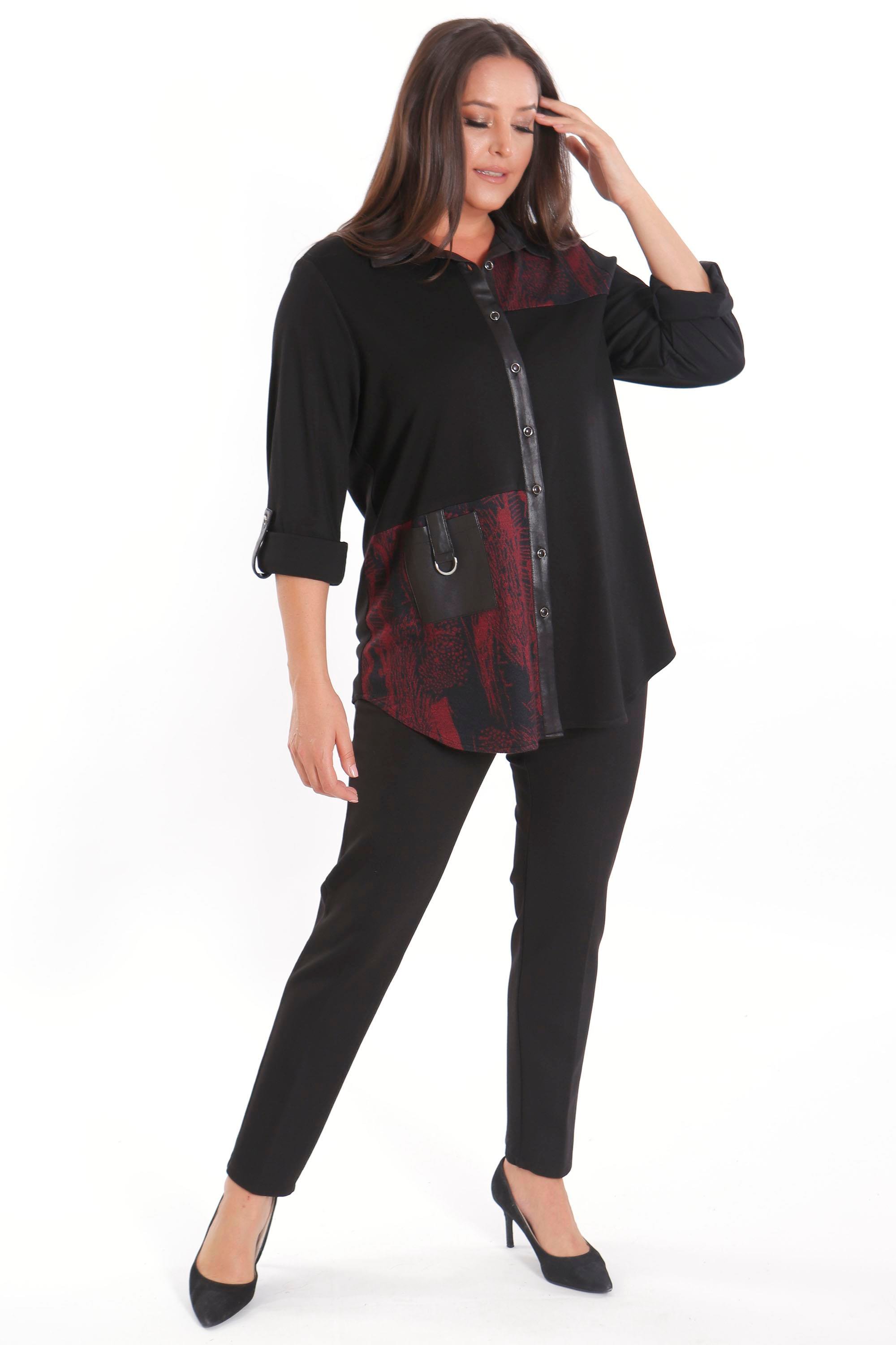 Trend42plus Büyük Beden Ön Parça ve Deri Cep Detaylı Örme Bordo Gömlek