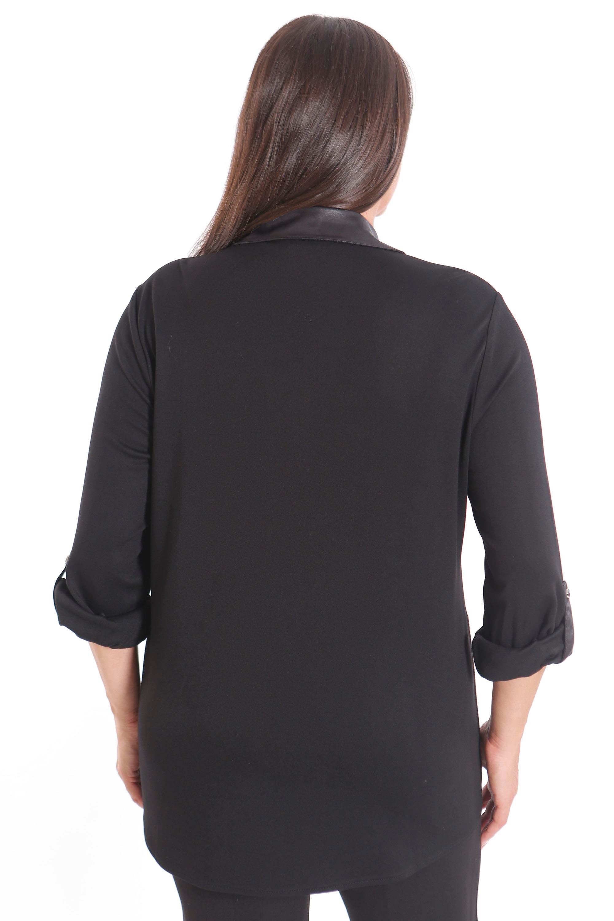 Trend42plus Büyük Beden Ön Parça ve Deri Cep Detaylı Örme Kahverengi Gömlek