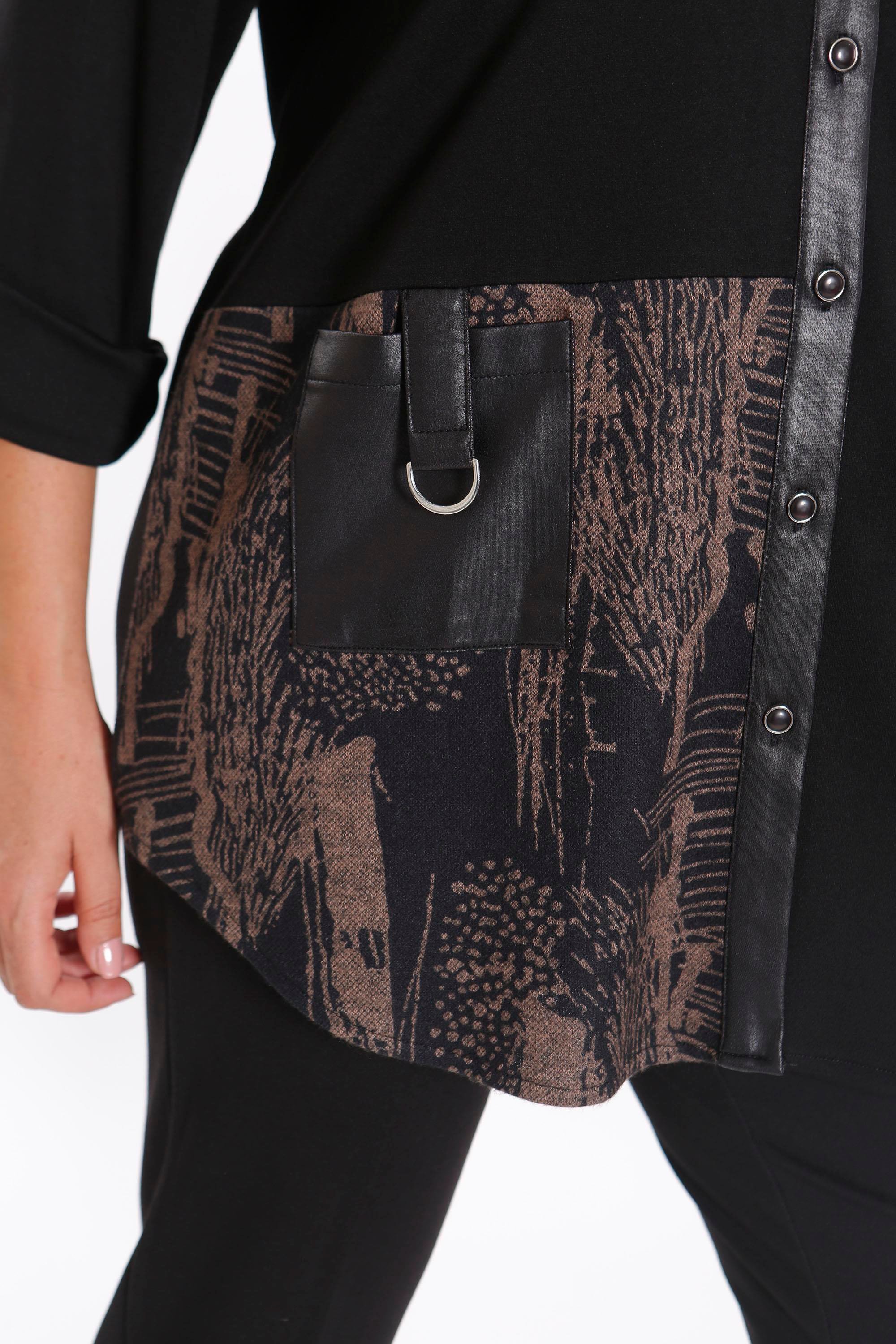 Trend42plus Büyük Beden Ön Parça ve Deri Cep Detaylı Örme Kahverengi Gömlek