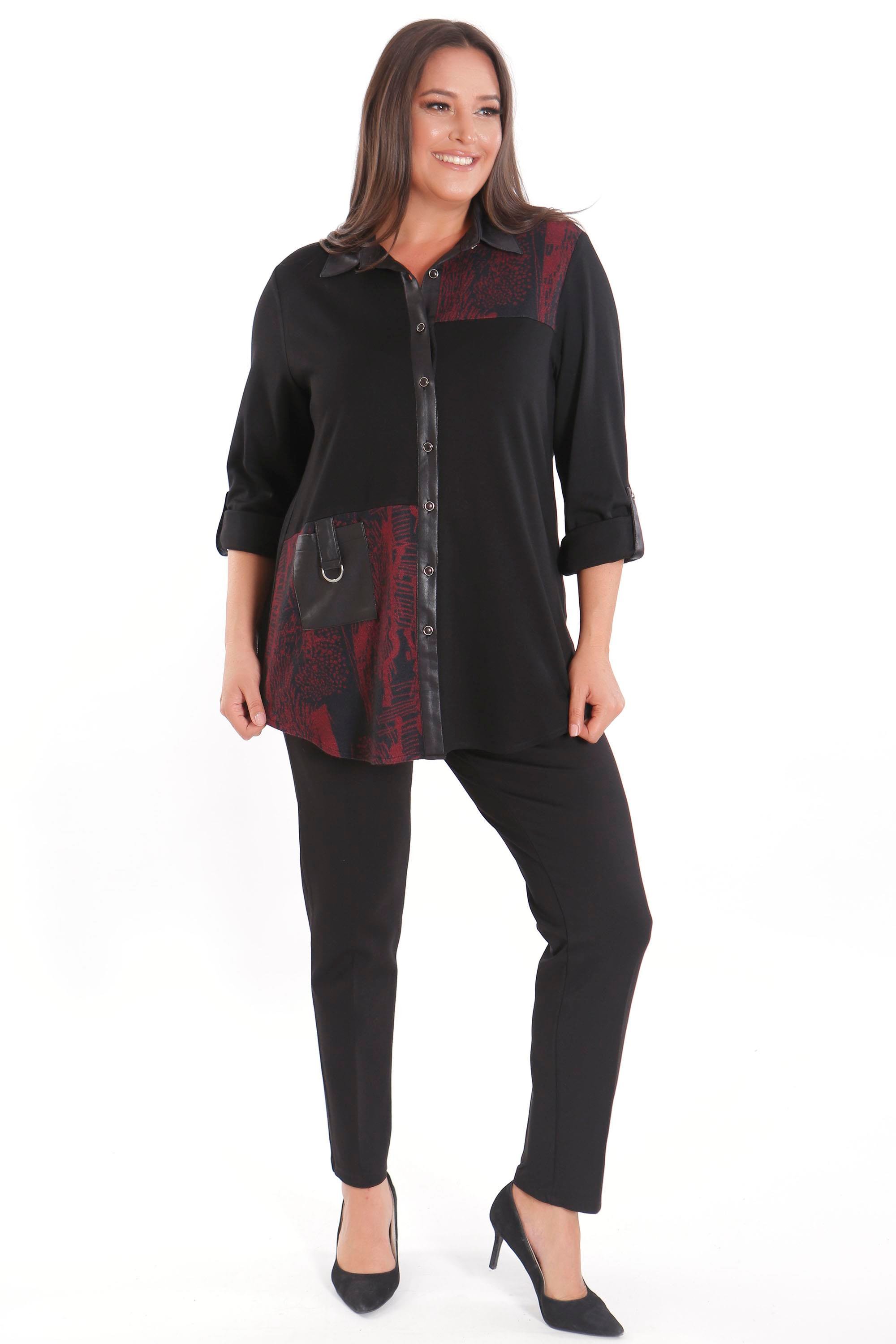 Trend42plus Büyük Beden Ön Parça ve Deri Cep Detaylı Örme Bordo Gömlek