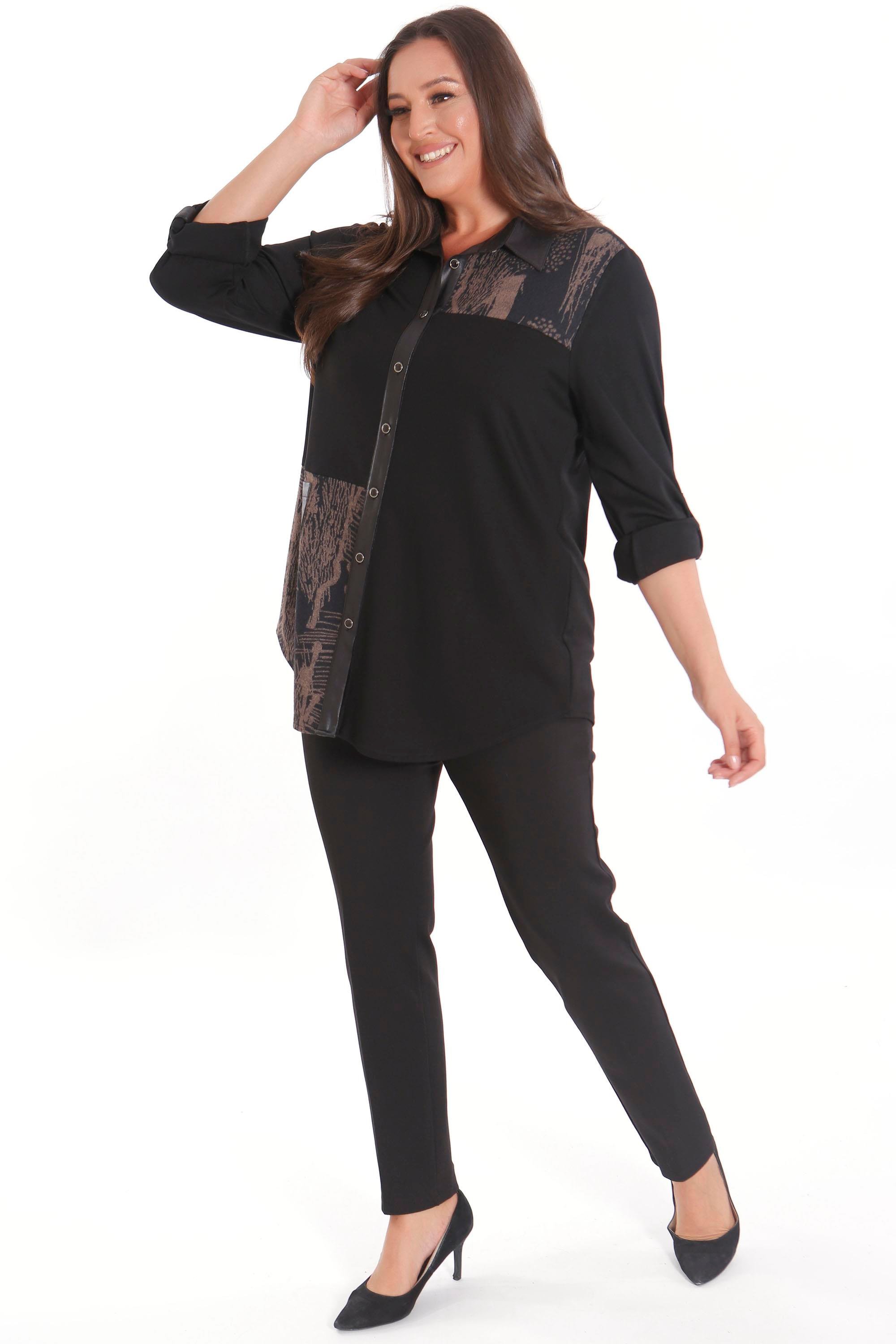 Trend42plus Büyük Beden Ön Parça ve Deri Cep Detaylı Örme Kahverengi Gömlek