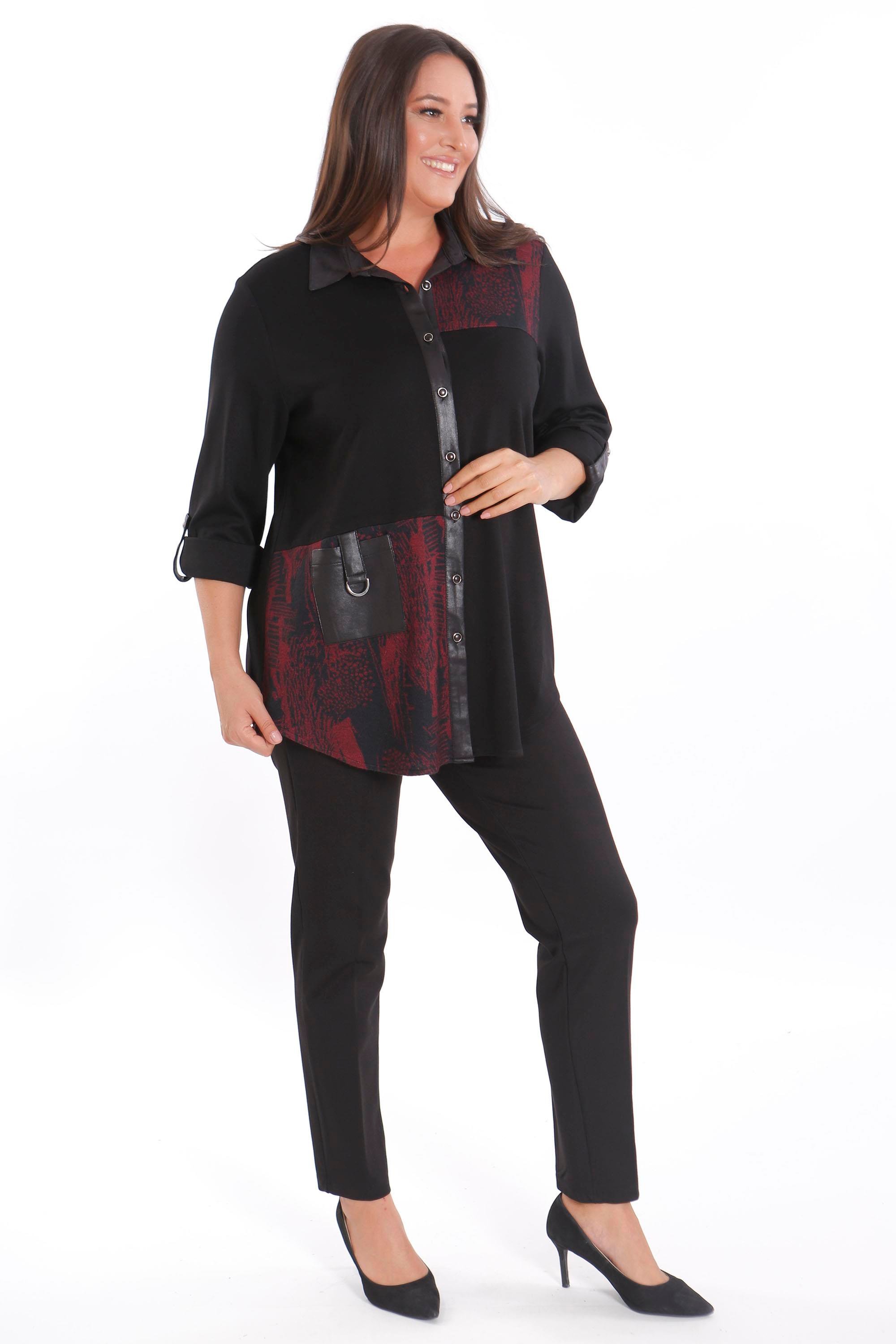 Trend42plus Büyük Beden Ön Parça ve Deri Cep Detaylı Örme Bordo Gömlek