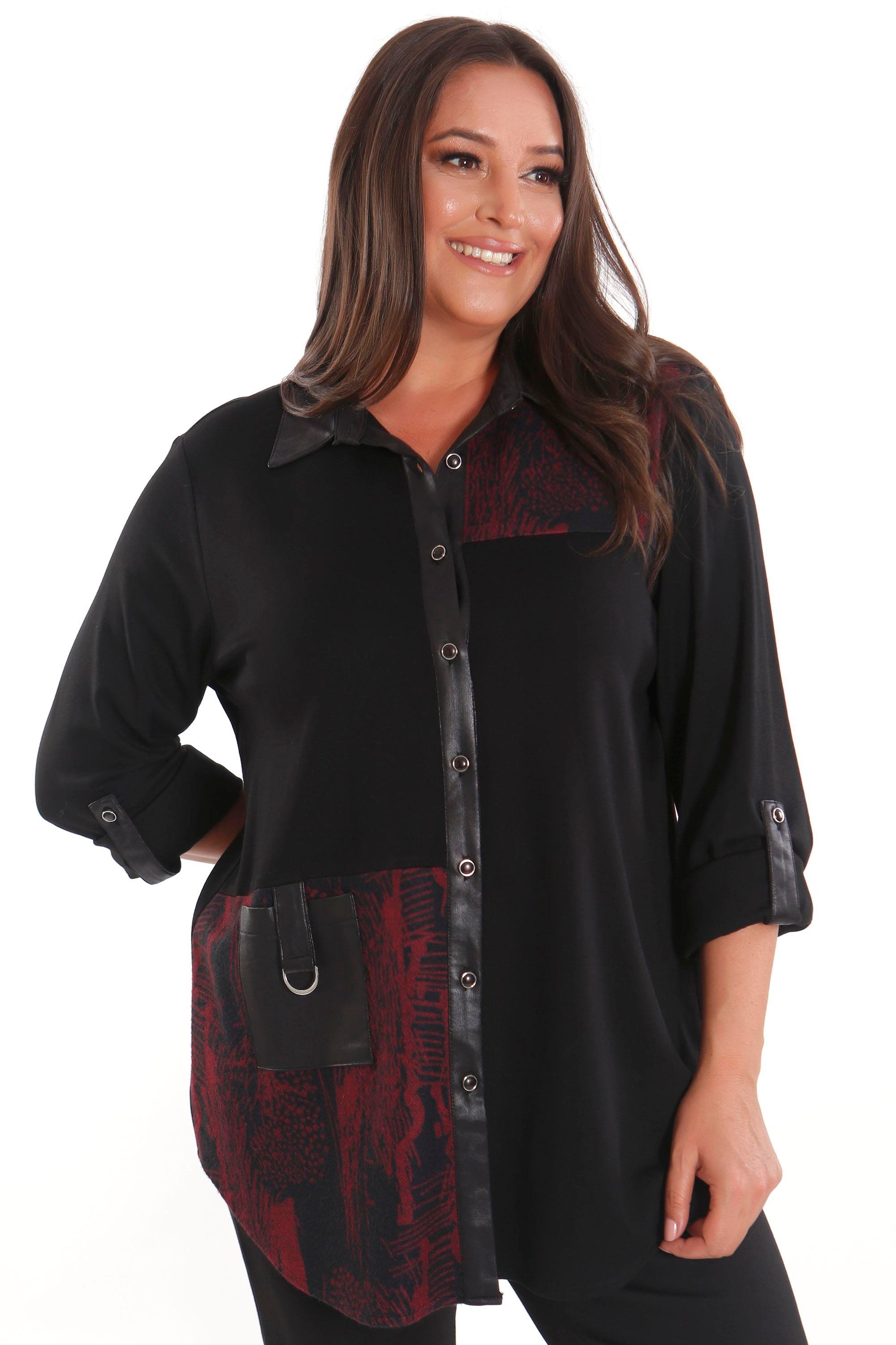 Trend42plus Büyük Beden Ön Parça ve Deri Cep Detaylı Örme Bordo Gömlek