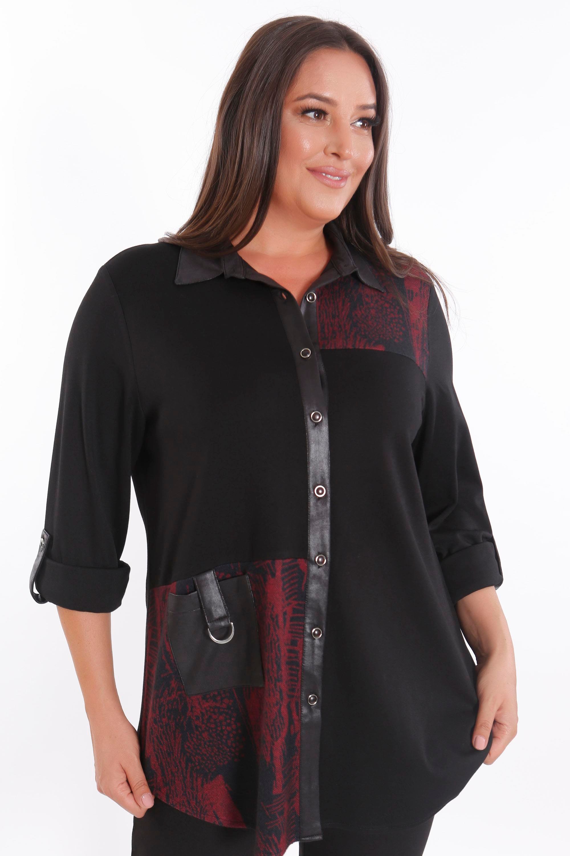 Trend42plus Büyük Beden Ön Parça ve Deri Cep Detaylı Örme Bordo Gömlek