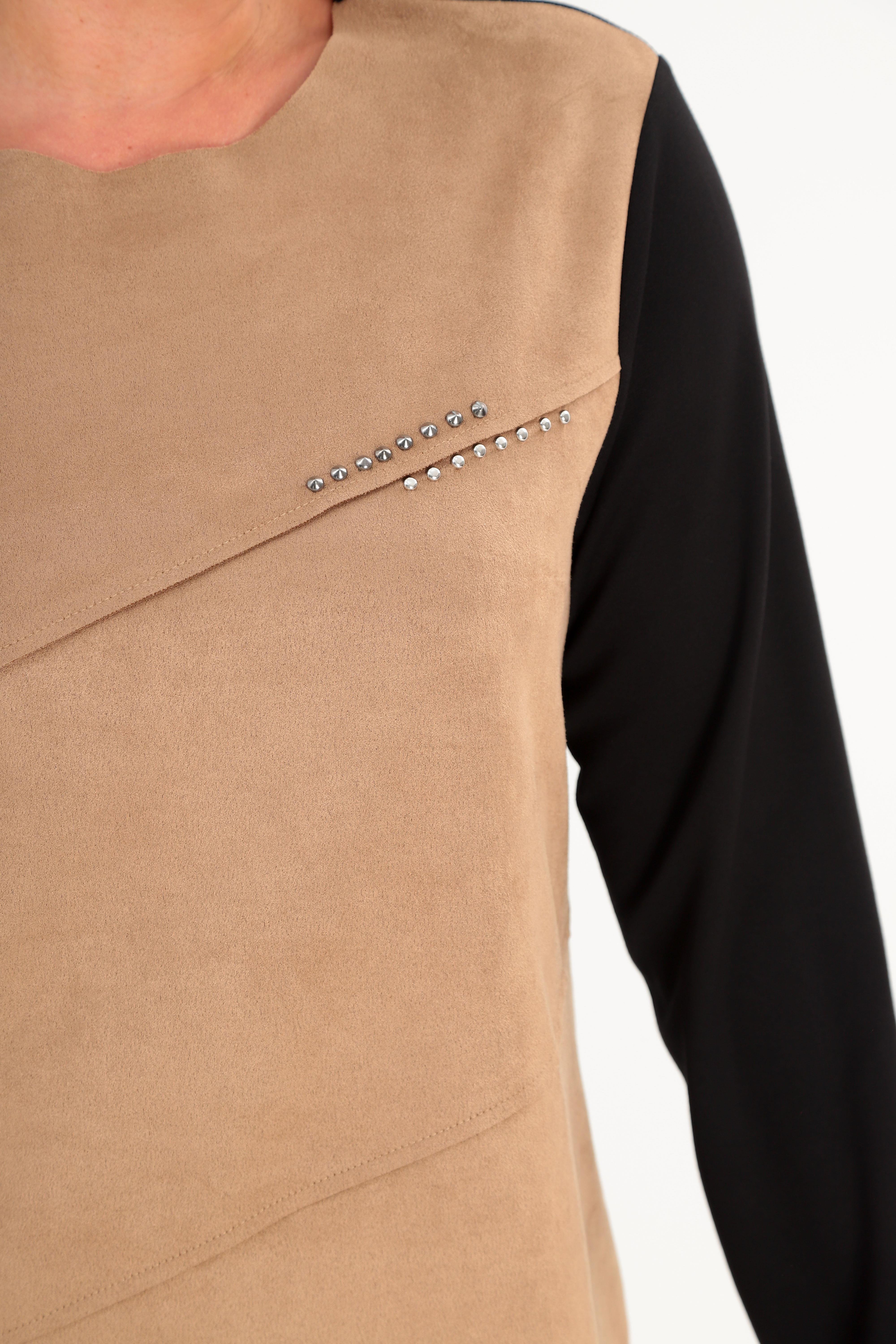 Trend42plus Büyük Beden Ön Süet Trok Baskılı Vizon Tunik