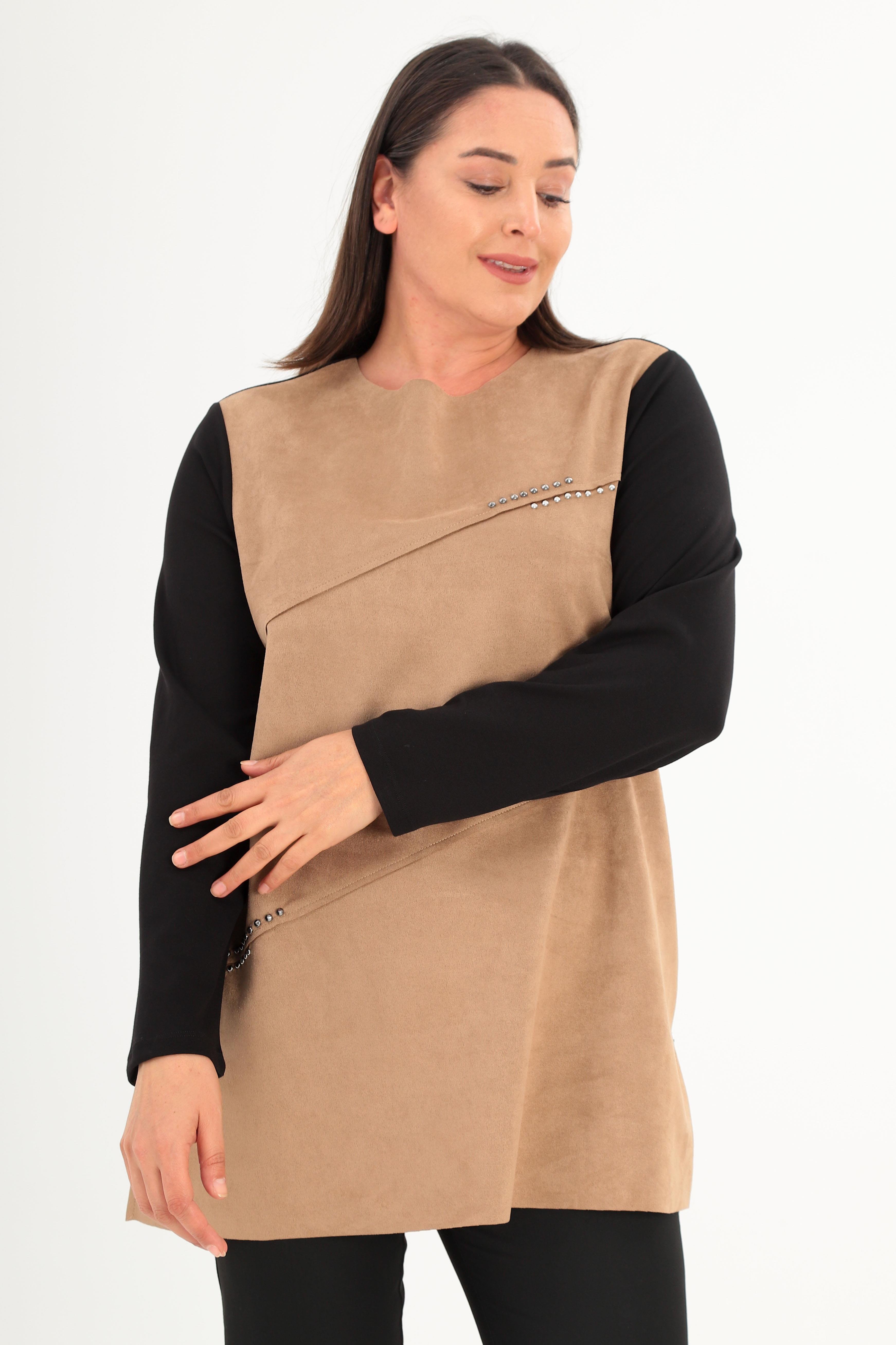 Trend42plus Büyük Beden Ön Süet Trok Baskılı Vizon Tunik