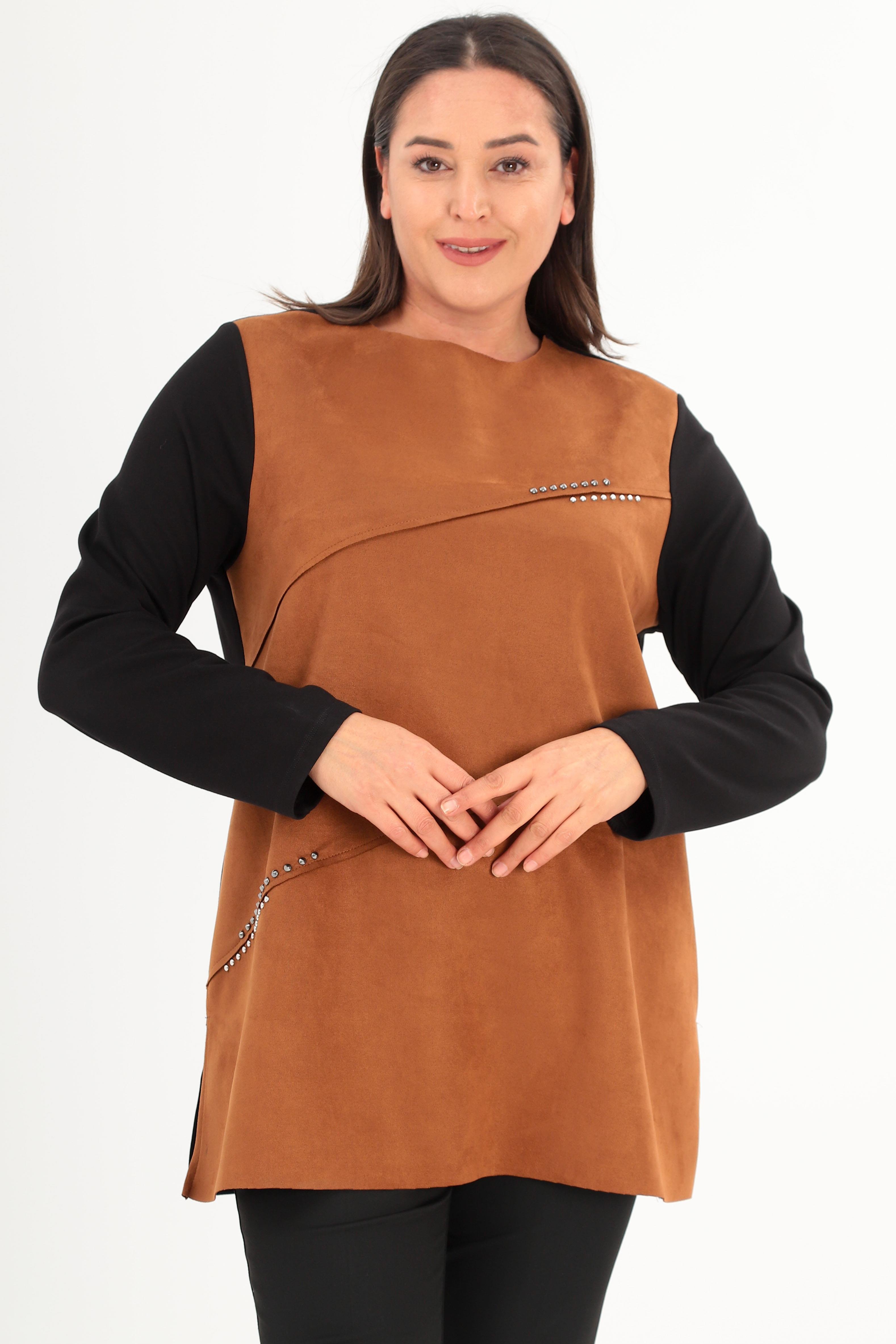 Trend42plus Büyük Beden Ön Süet Trok Baskılı Kahverengi Tunik