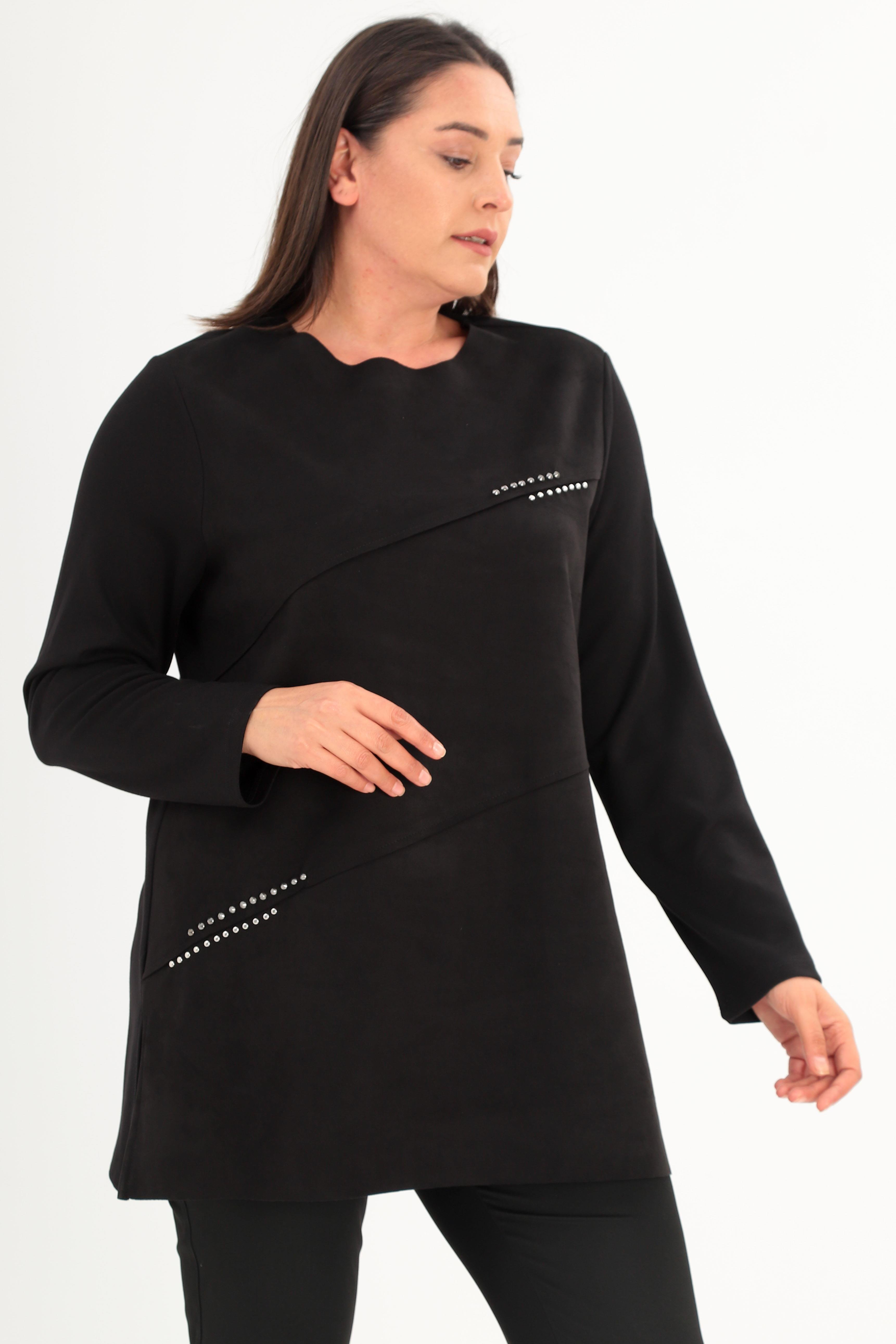 Trend42plus Büyük Beden Ön Süet Trok Baskılı Siyah Tunik