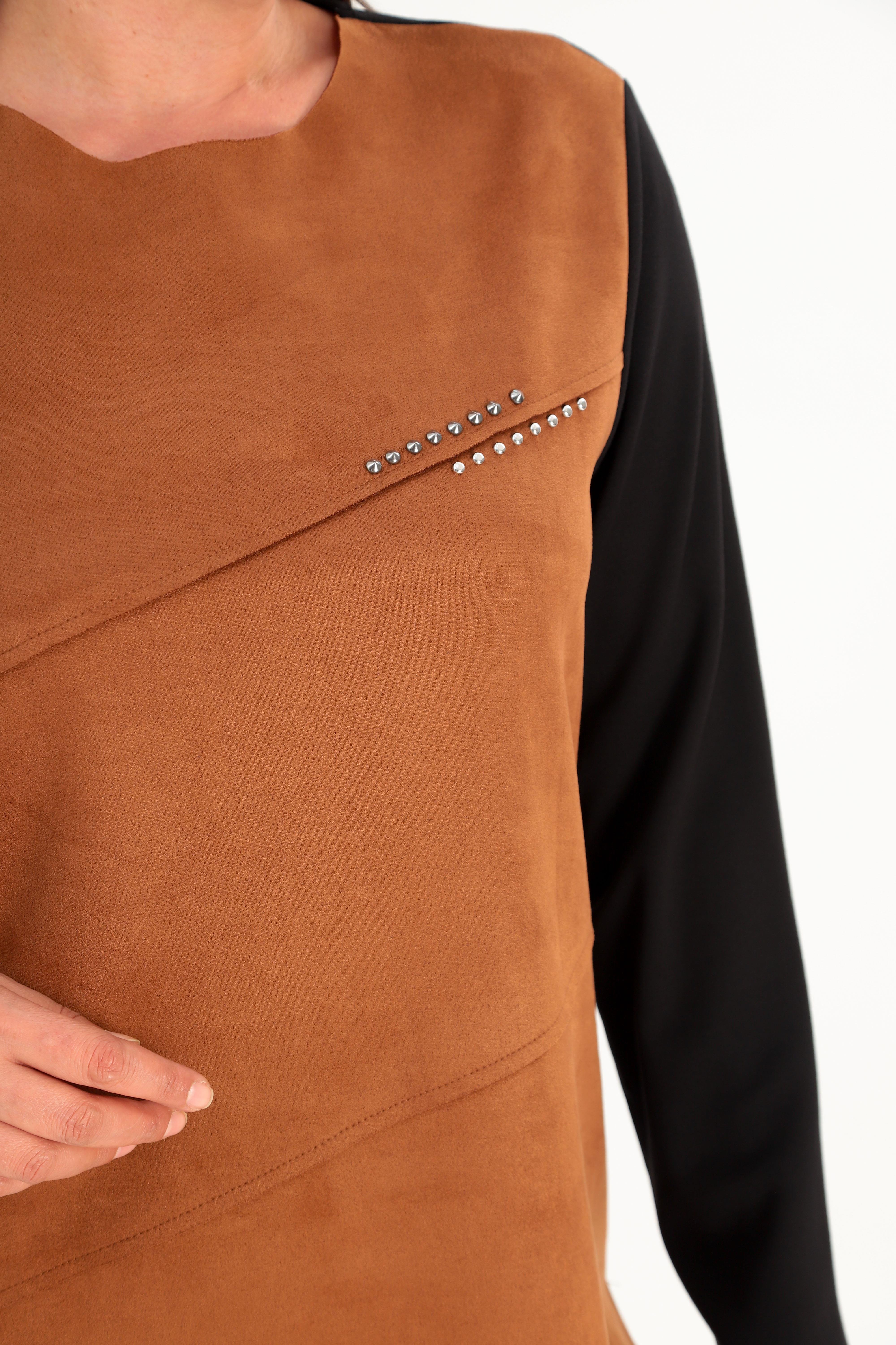 Trend42plus Büyük Beden Ön Süet Trok Baskılı Kahverengi Tunik