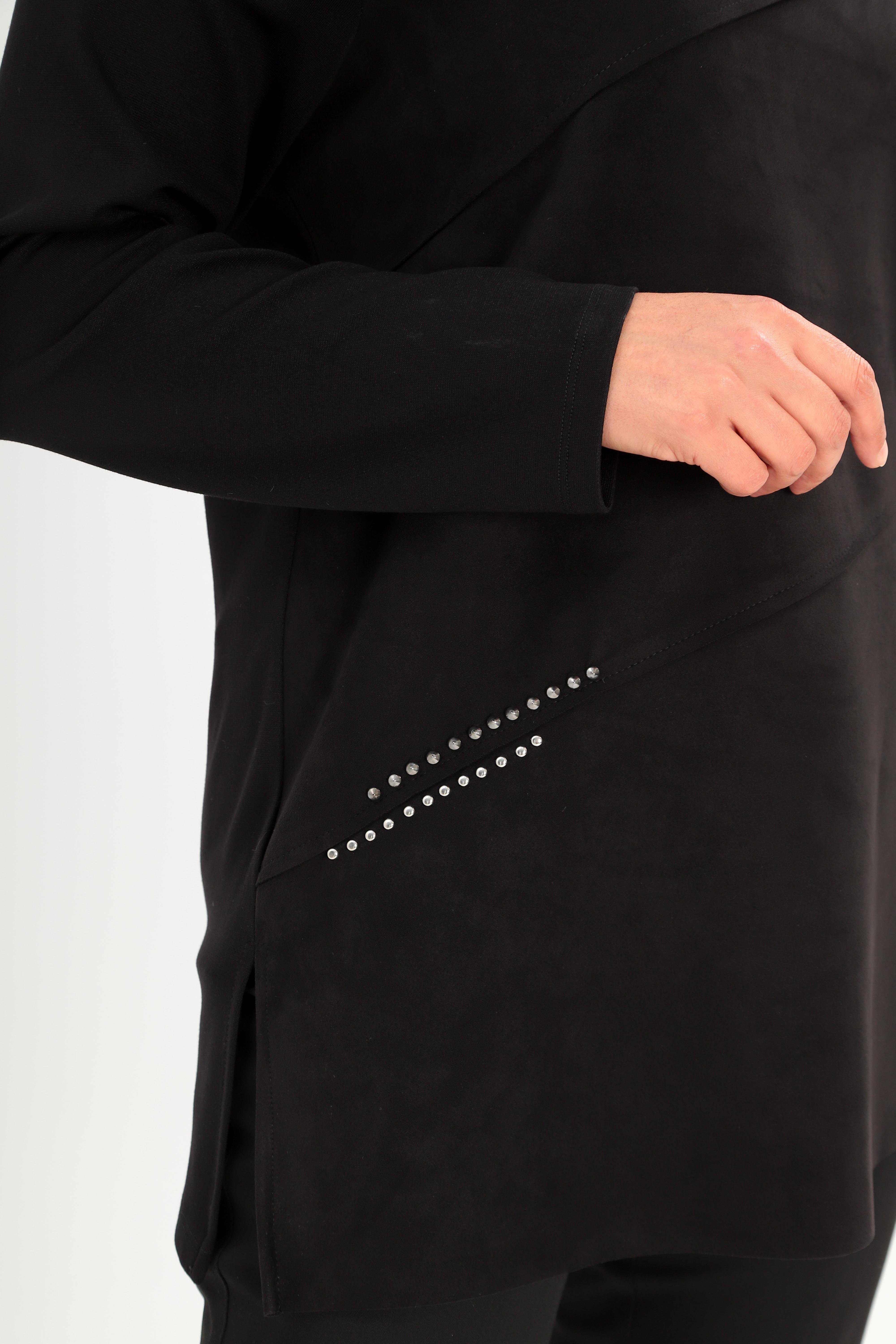 Trend42plus Büyük Beden Ön Süet Trok Baskılı Siyah Tunik