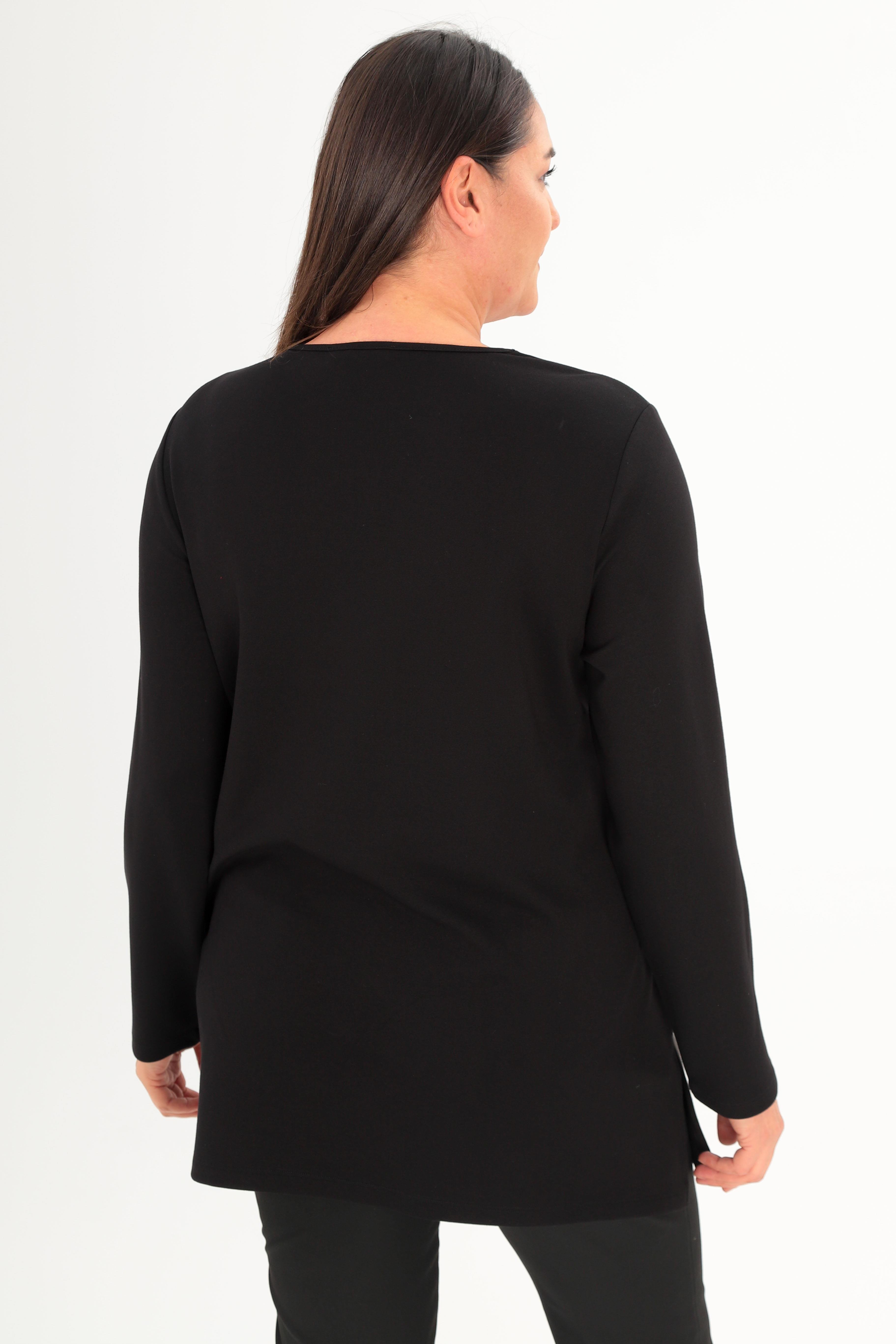 Trend42plus Büyük Beden Ön Süet Trok Baskılı Siyah Tunik