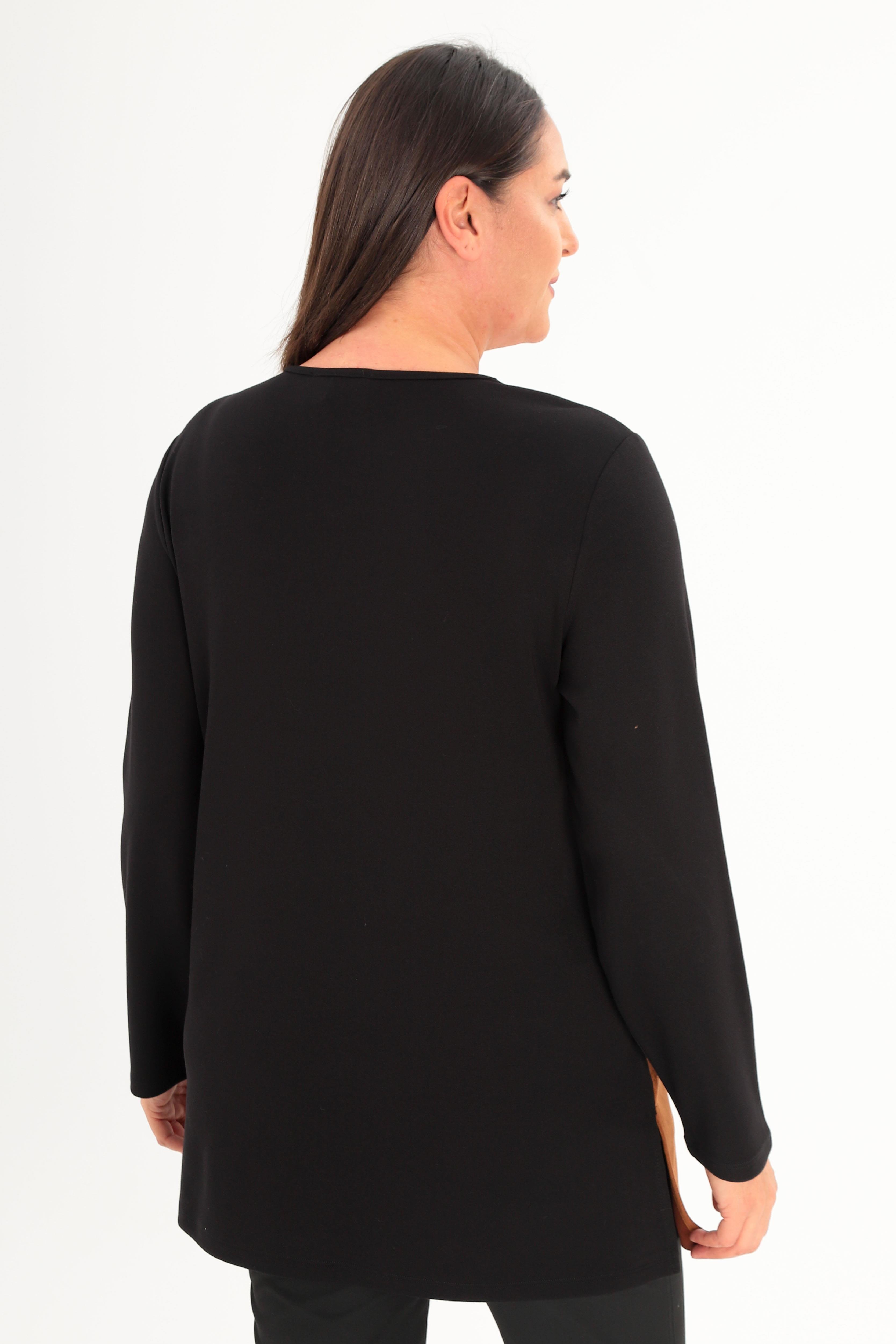 Trend42plus Büyük Beden Ön Süet Trok Baskılı Kahverengi Tunik