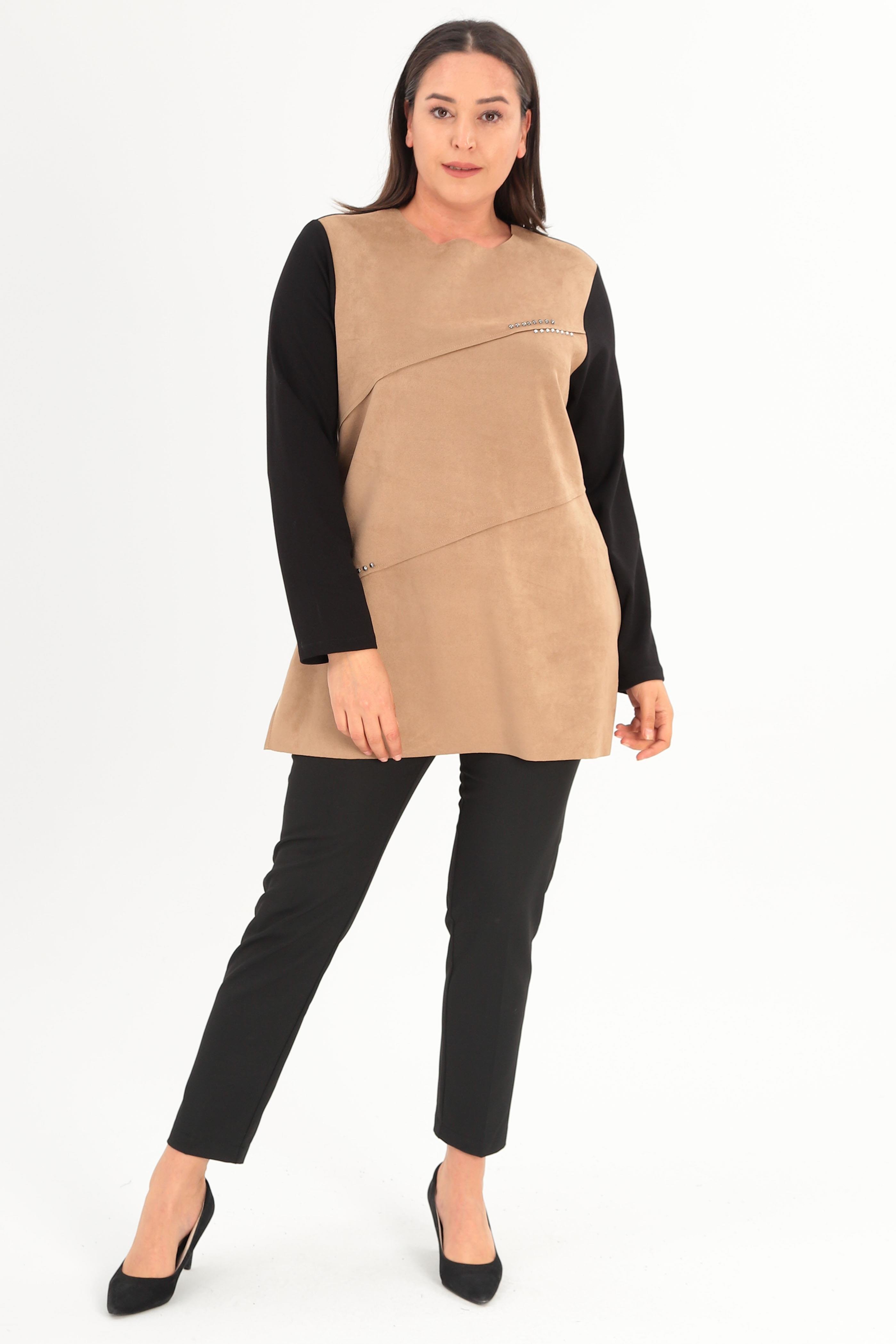 Trend42plus Büyük Beden Ön Süet Trok Baskılı Vizon Tunik