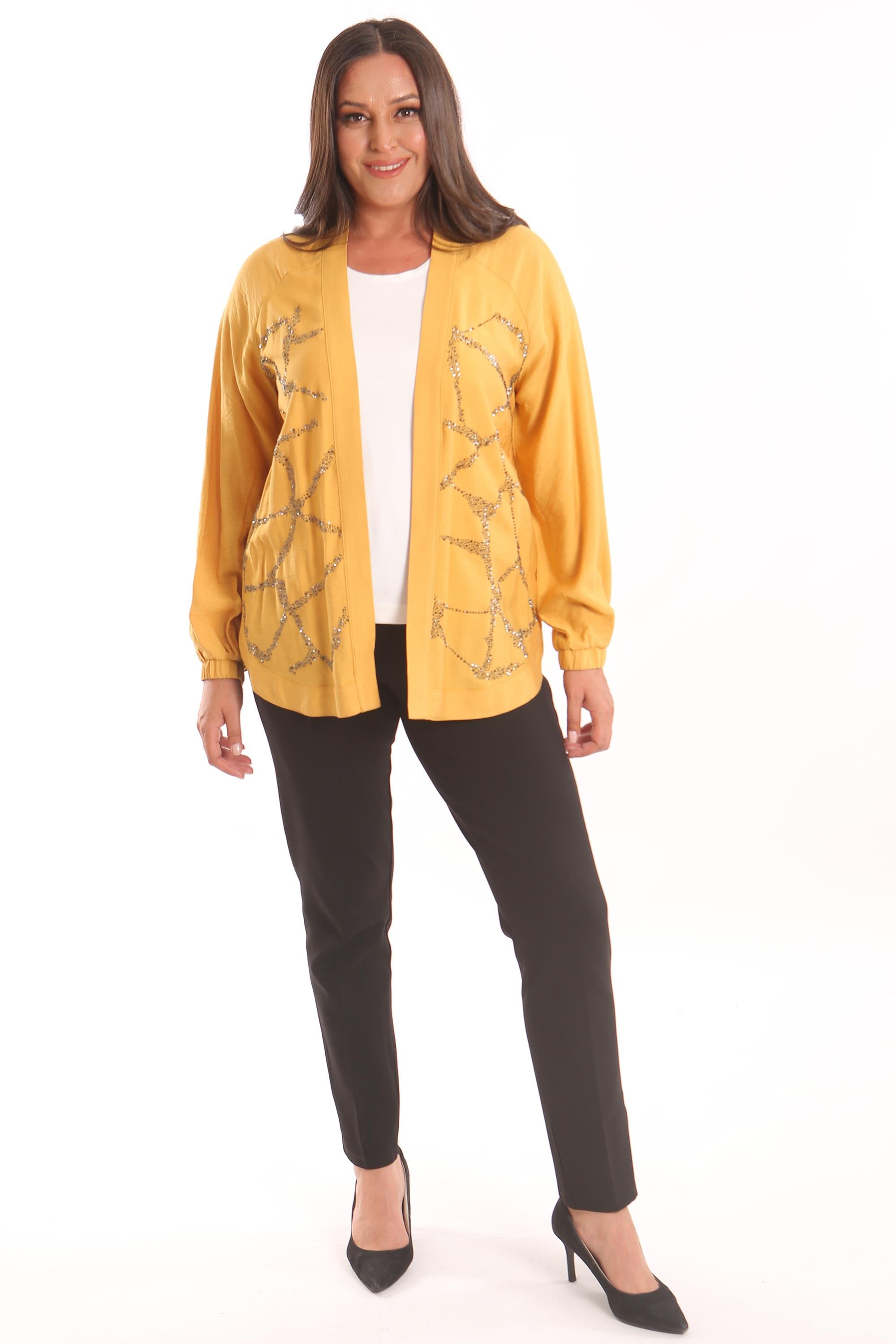 Trend42plus Büyük Beden Ön Taş Baskılı Hardal Ceket