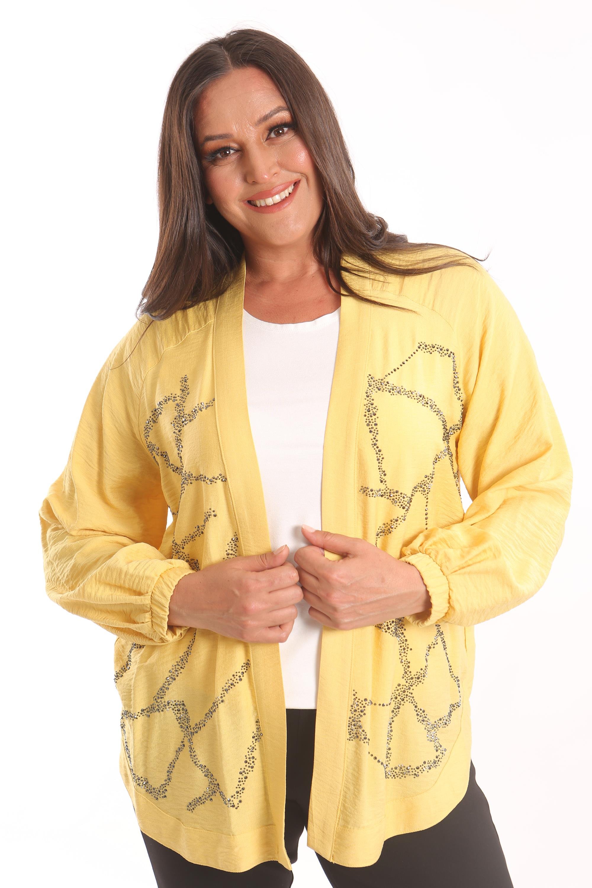 Trend42plus Büyük Beden Ön Taş Baskılı Sarı Ceket