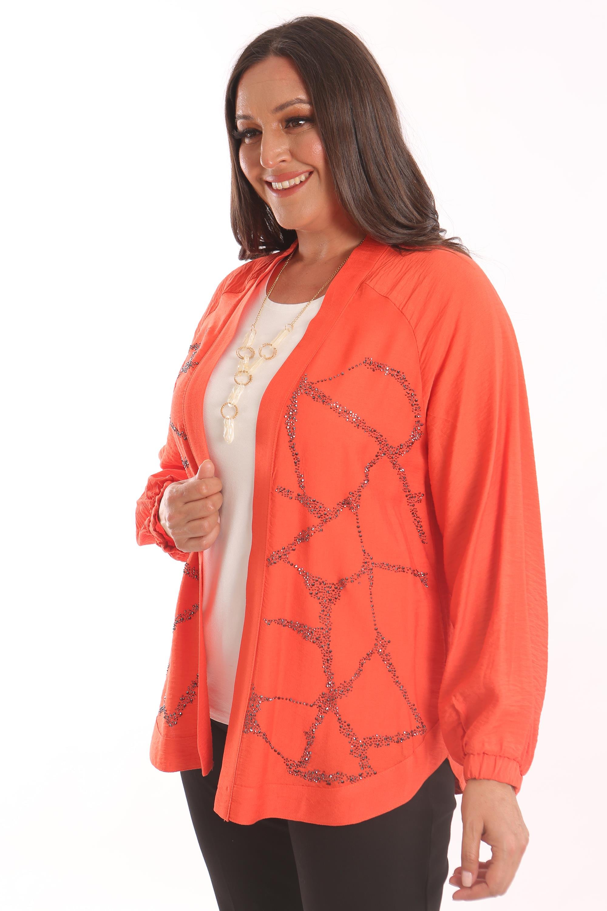 Trend42plus Büyük Beden Ön Taş Baskılı Oranj Ceket