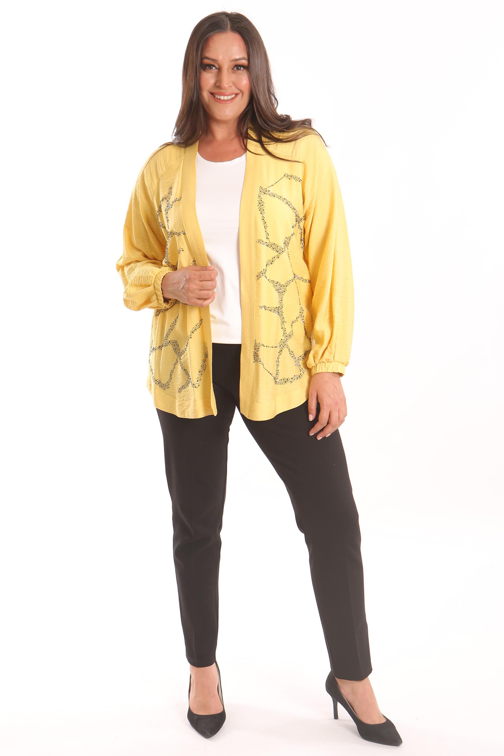 Trend42plus Büyük Beden Ön Taş Baskılı Sarı Ceket