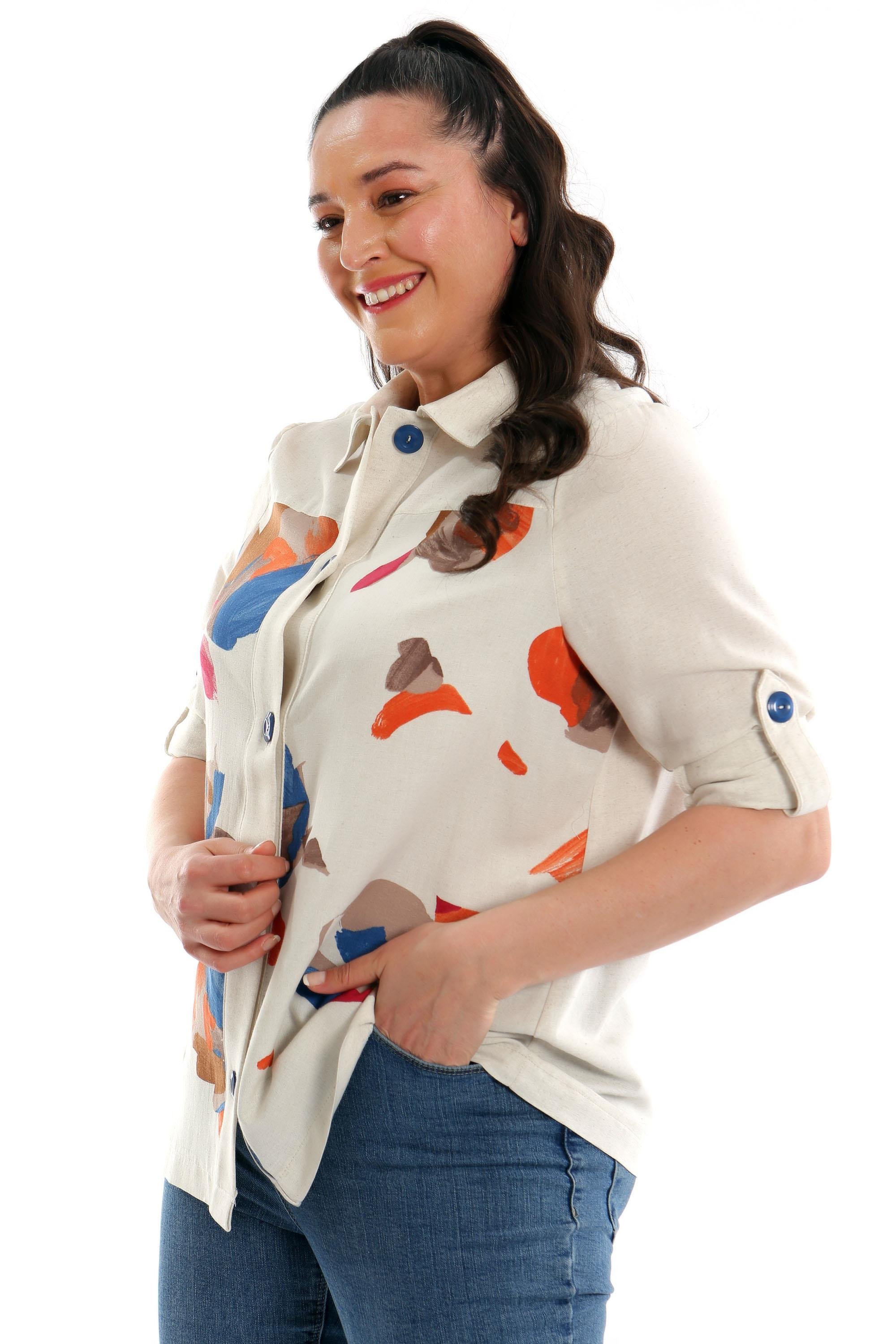 Trend42plus Büyük Beden Ön Yaprak Baskılı Ceket  Saks 