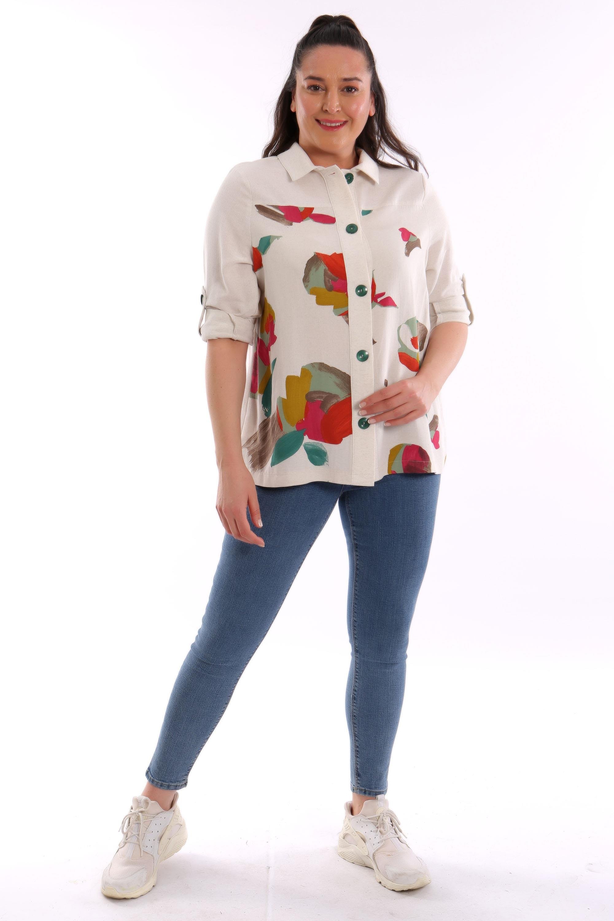 Trend42plus Büyük Beden Ön Yaprak Baskılı Ceket  Yeşil 