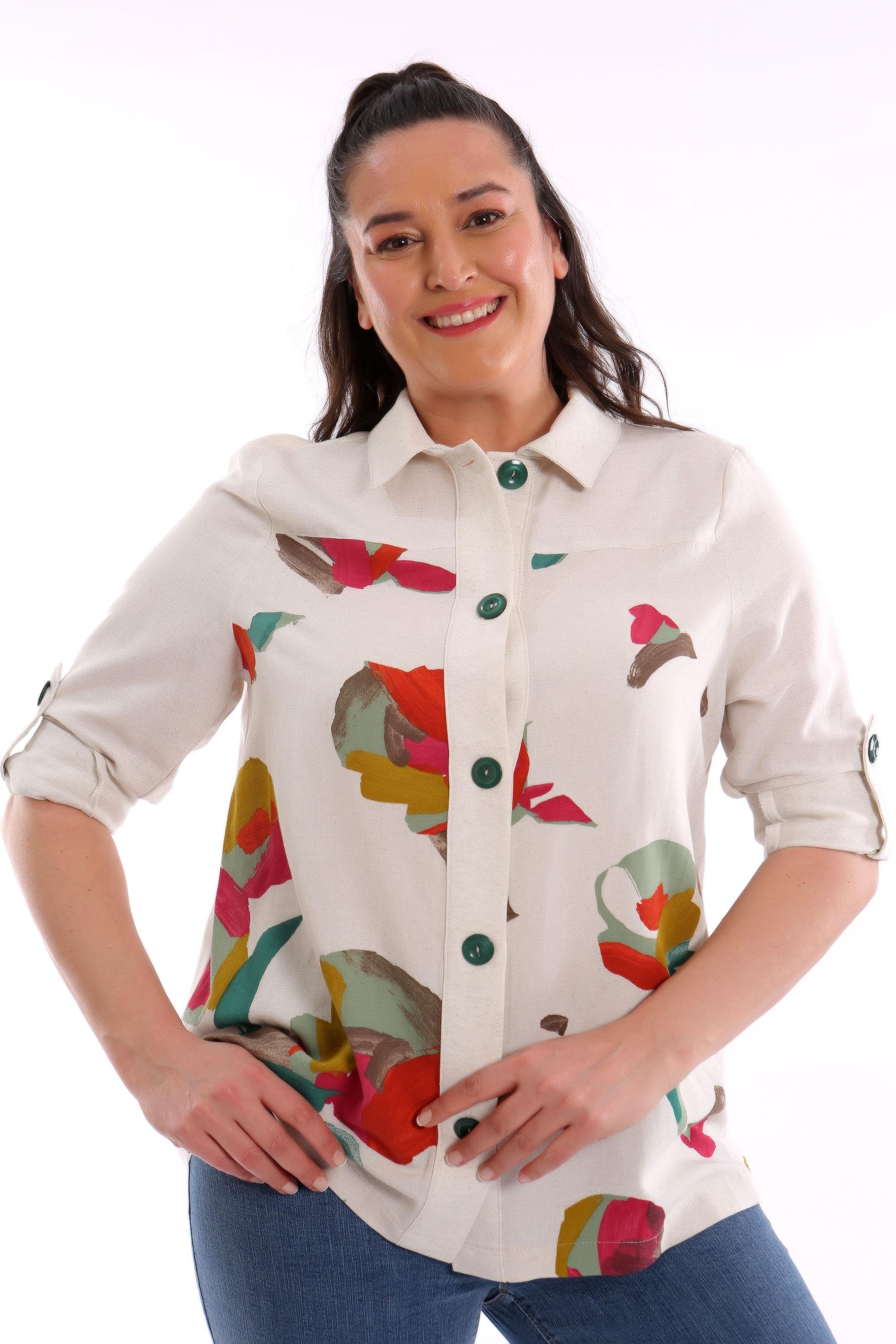 Trend42plus Büyük Beden Ön Yaprak Baskılı Ceket  Yeşil 