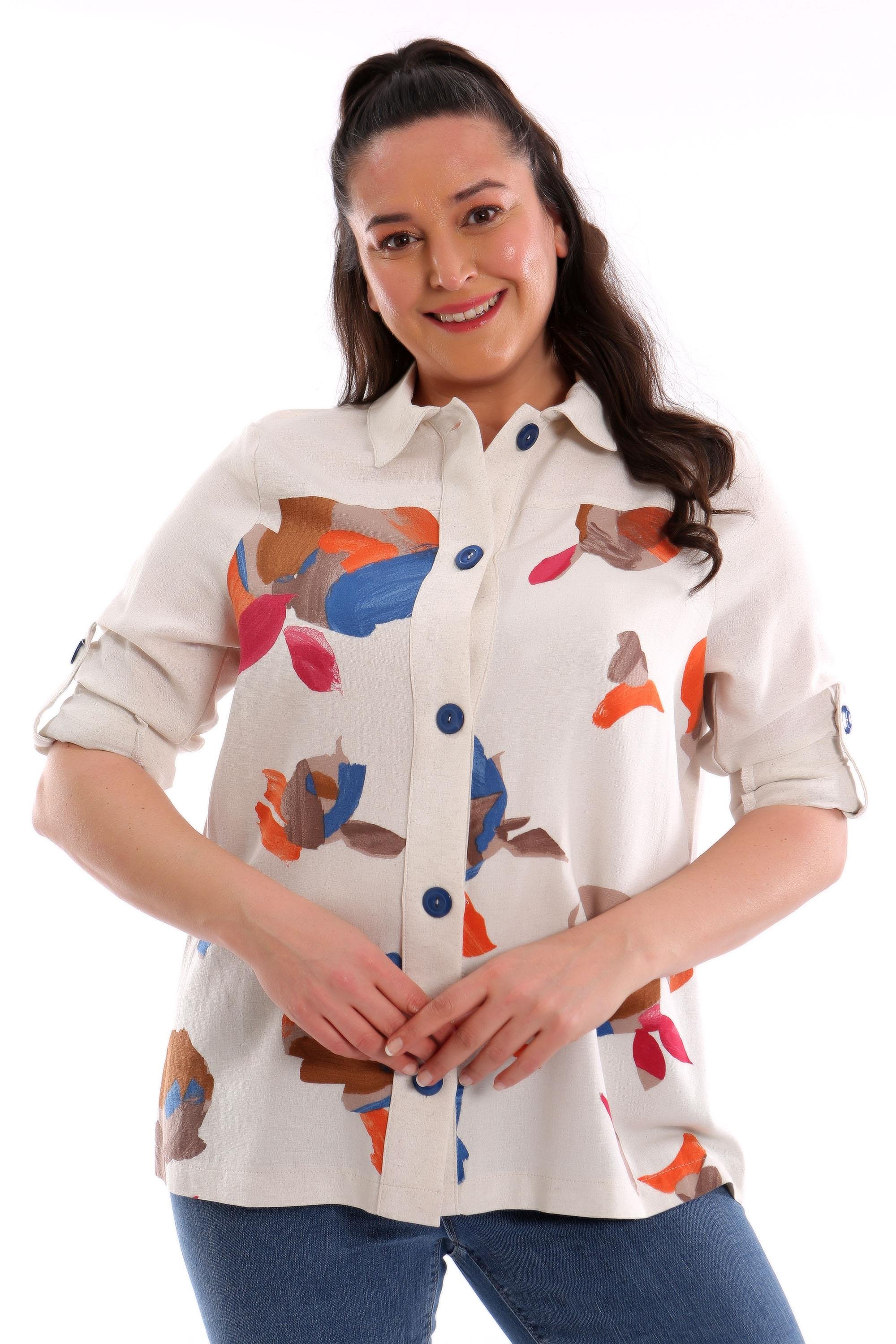 Trend42plus Büyük Beden Ön Yaprak Baskılı Ceket  Saks 