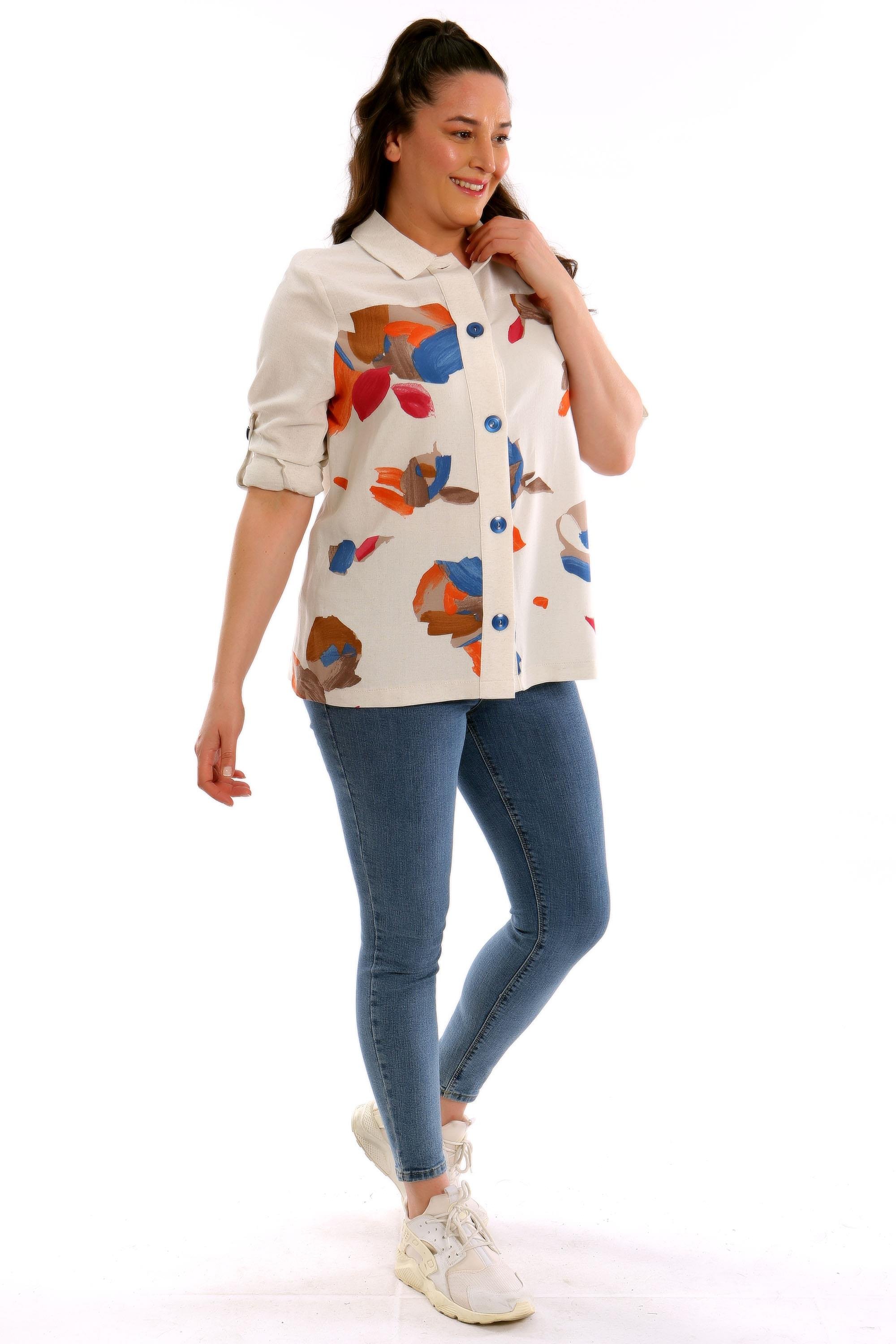 Trend42plus Büyük Beden Ön Yaprak Baskılı Ceket  Saks 