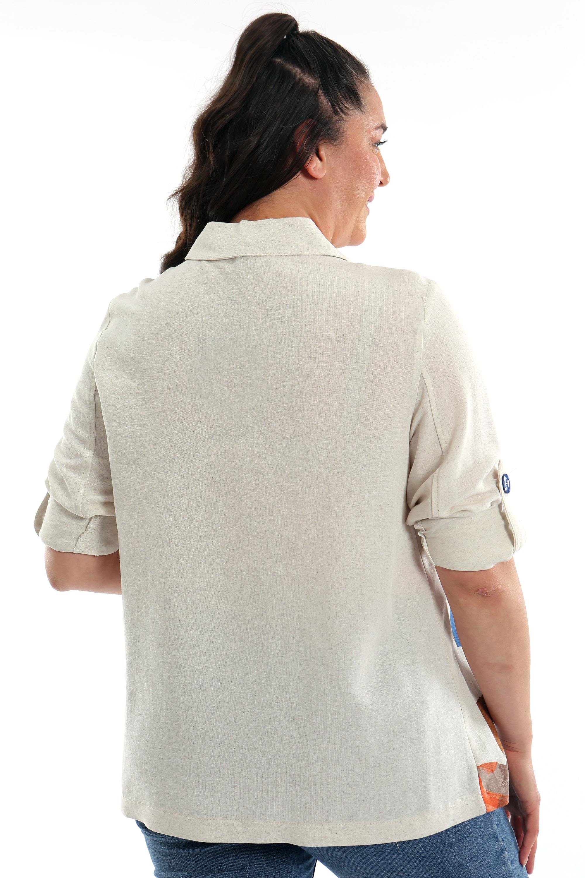 Trend42plus Büyük Beden Ön Yaprak Baskılı Ceket  Saks 