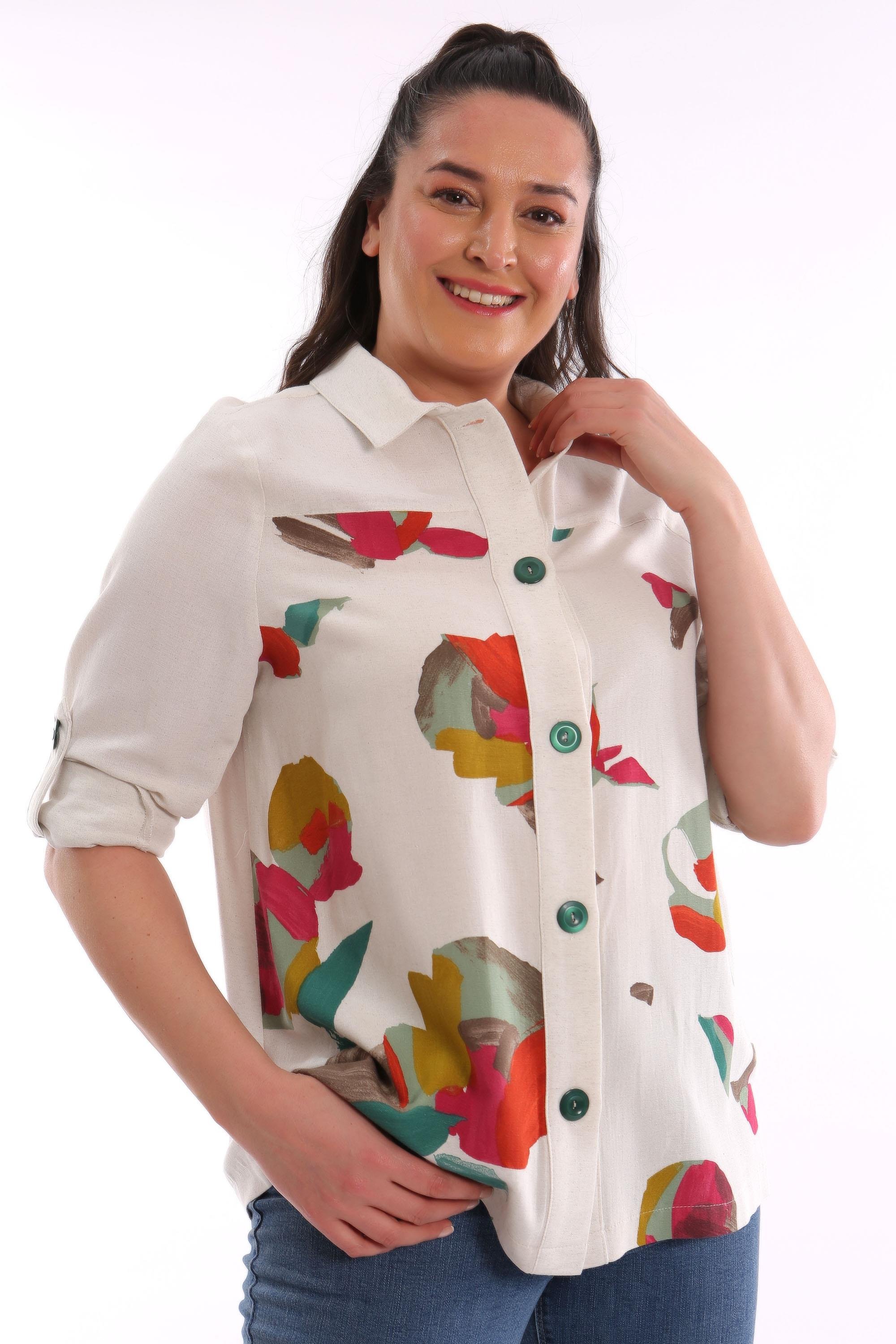 Trend42plus Büyük Beden Ön Yaprak Baskılı Ceket  Yeşil 