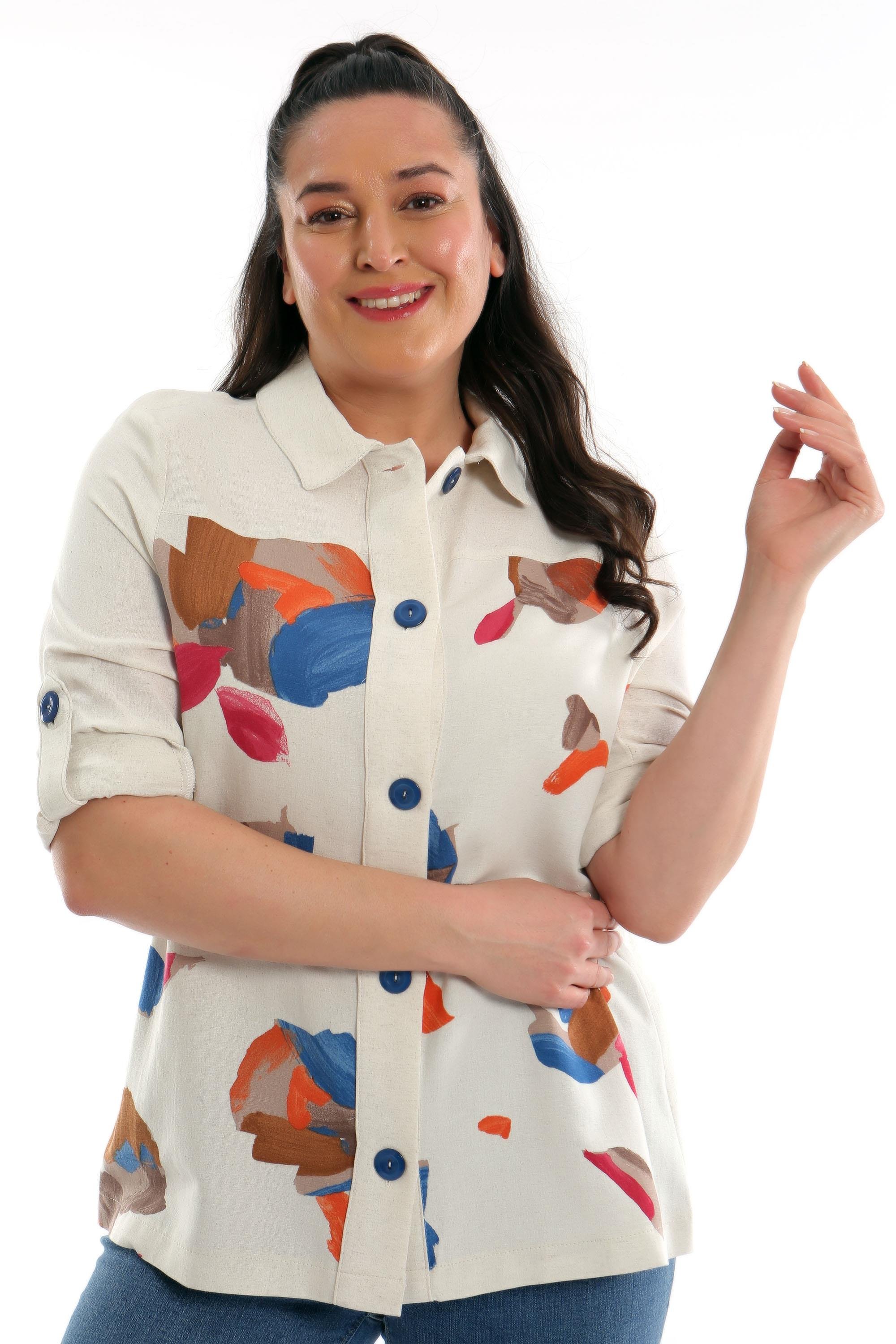 Trend42plus Büyük Beden Ön Yaprak Baskılı Ceket  Saks 