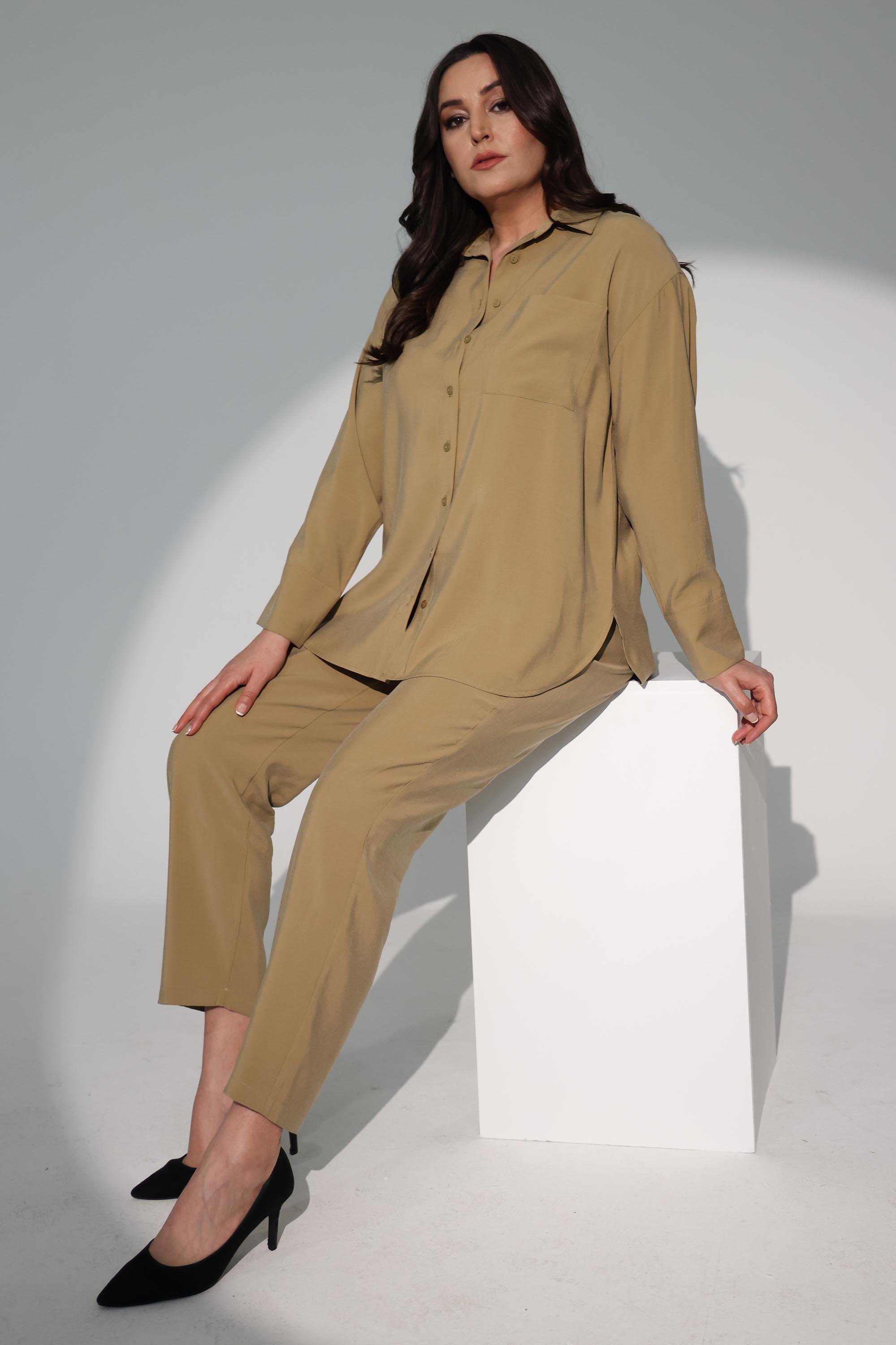Trend42plus Büyük Beden Oversize Haki Gömlek