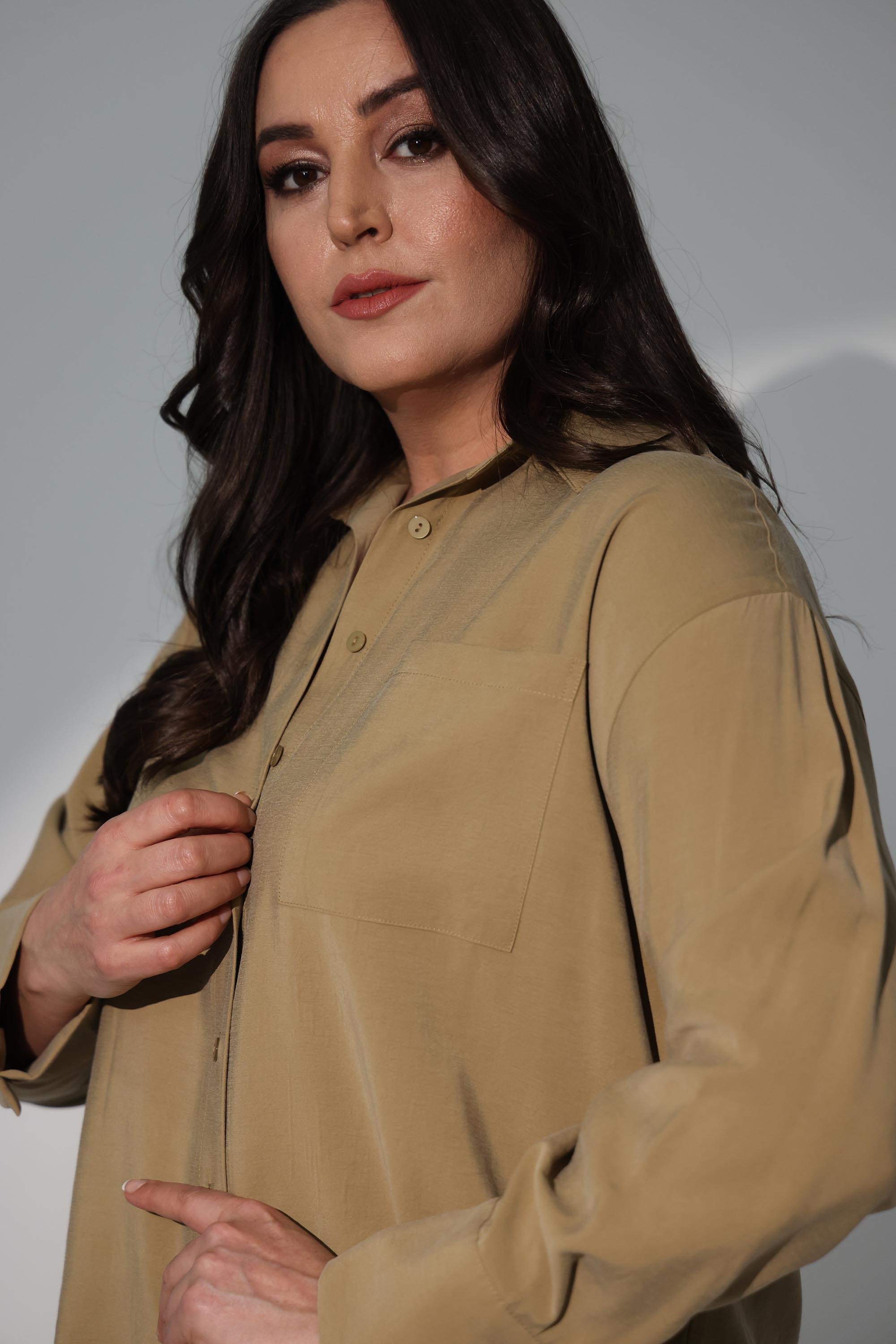 Trend42plus Büyük Beden Oversize Haki Gömlek