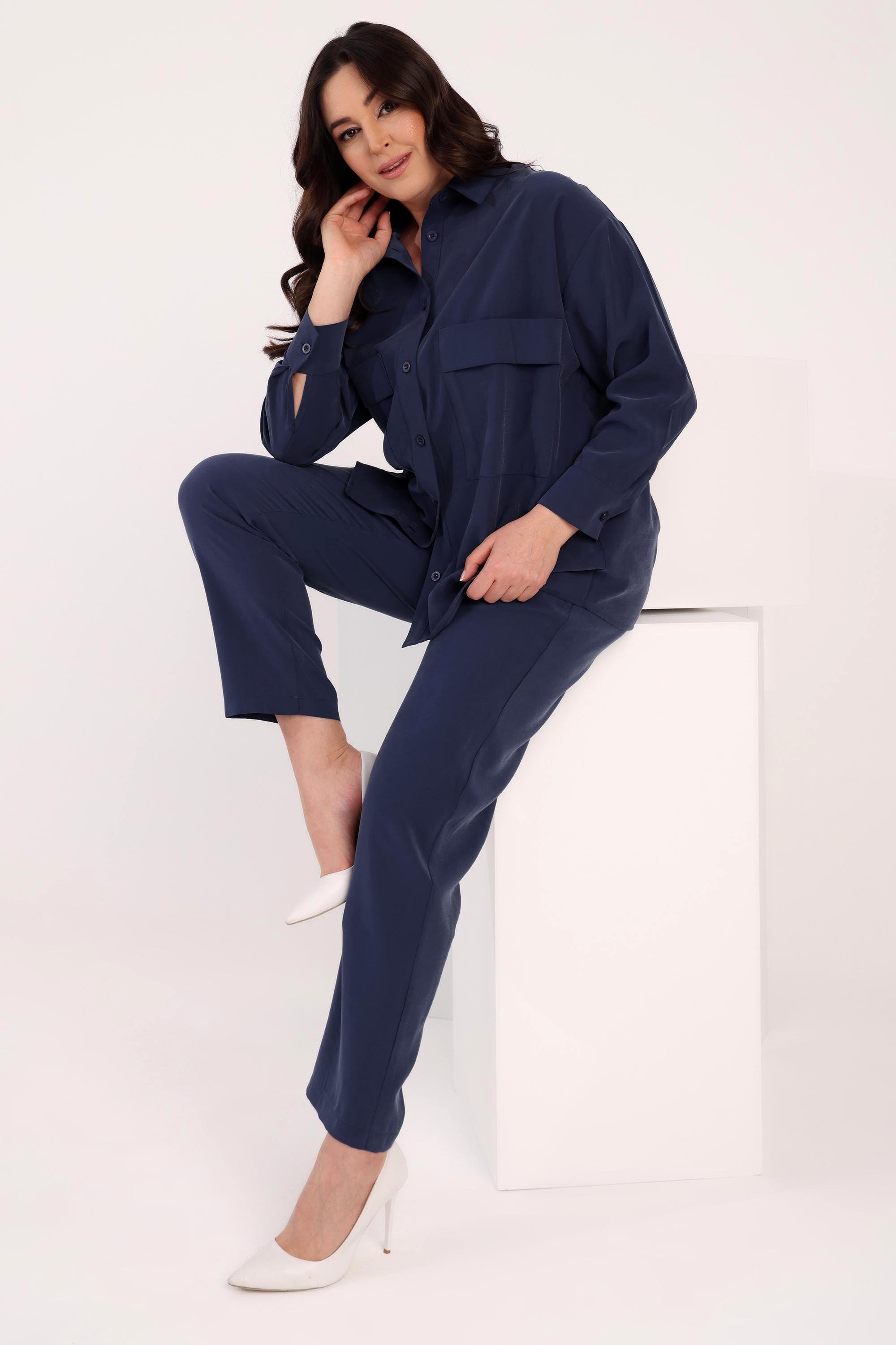 Trend42plus Büyük Beden Oversize Süs Cep Detaylı İndigo Gömlek Pantolon Takım